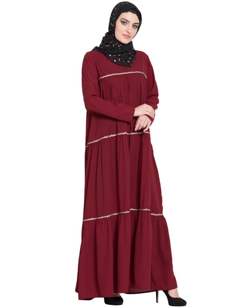 Elegant Arabic 3-Panel Gathered Abaya with Zig Zag Lace Flare - Maroon Color for Women | Perfect for Eid, Wedding & Special Occasions