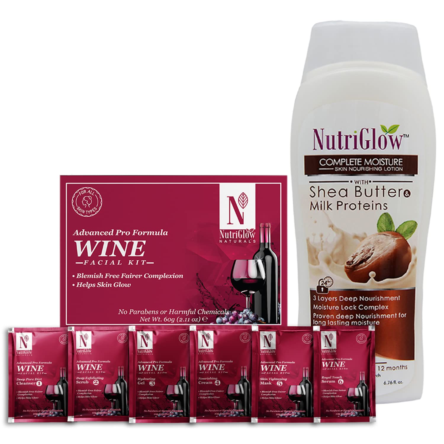 NutriGlow NATURAL'S Advanced Pro Formula Wine Facial Kit (60g) & Shea Butter Milk Protein Cream (200ml) - Deep Moisturizing, Blackhead Removal Skincare Set (Pack of 2) | Anti-Aging Treatment for Dry Skin, Perfect for Night Routine & Spa Days