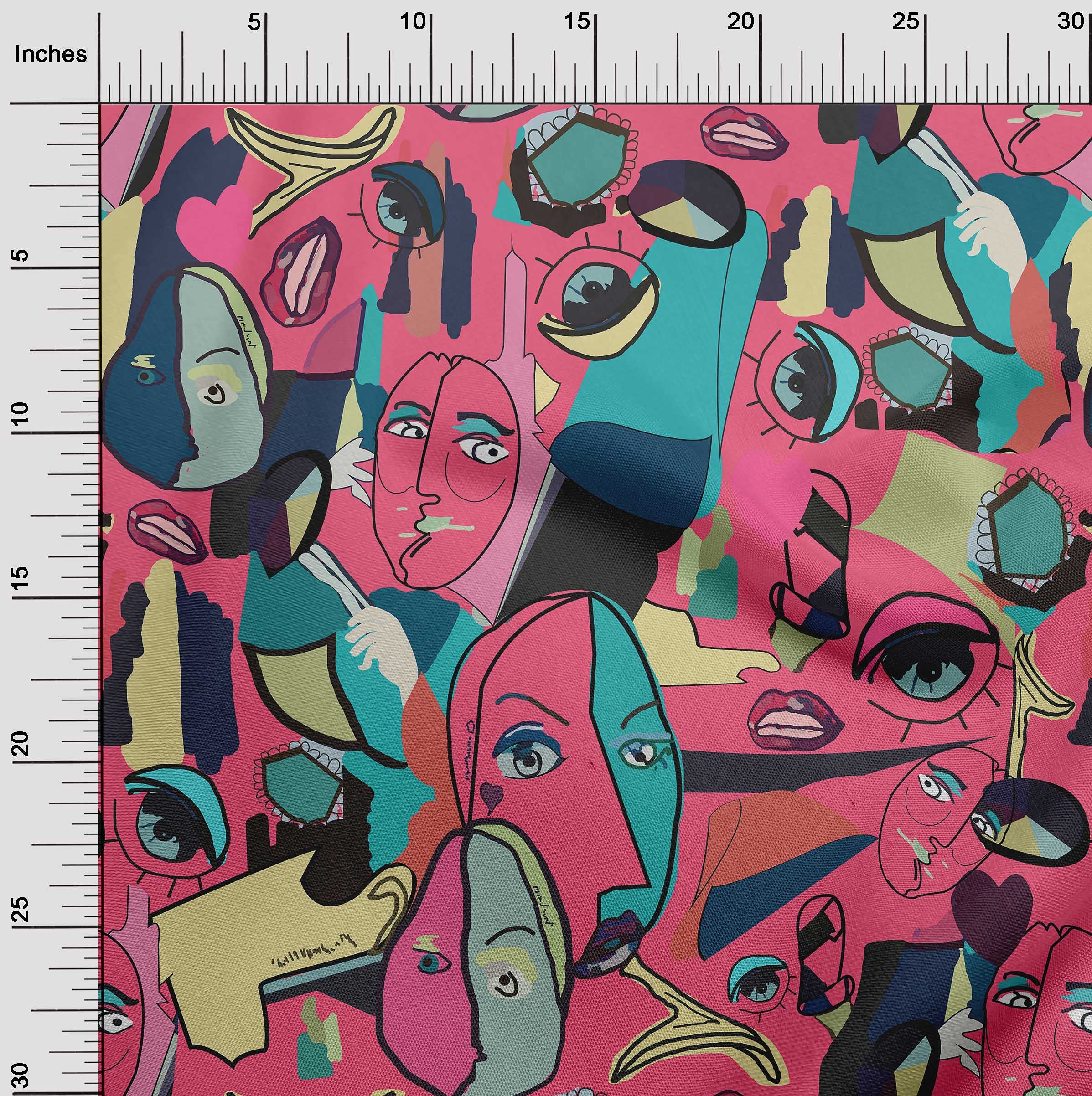 oneOone Cotton Flex Pink Abstract Comic Face Print Fabric by The Yard - 40 Inch Wide Soft Dress Material for DIY Fashion, Quilting & Home Decor Projects