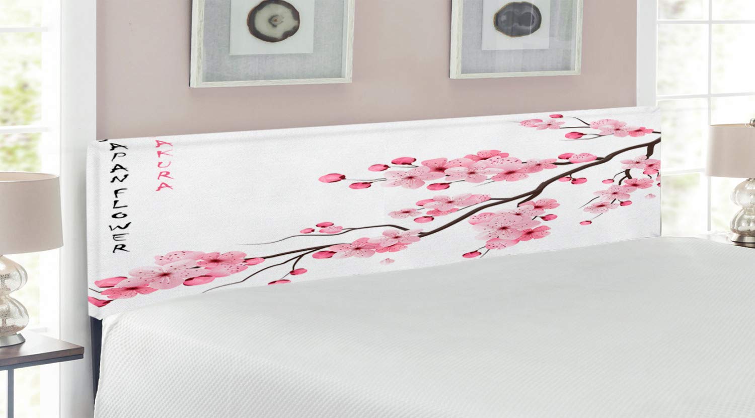 Ambesonne Asian King Size Headboard - Japanese Cherry Blossom Design with Blooming Flowers, Spring Themed Boho Art, Upholstered Decorative Metal Bed Frame with Memory Foam in Pink & White - Perfect for Bedroom Decor, Master Suite, and Zen-Inspired Home Interiors