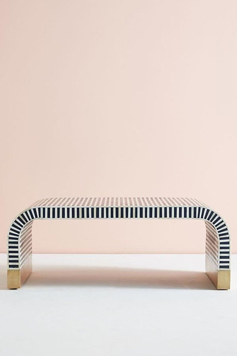 Handmade Bone Inlay Coffee Table - Elegant Flowery Pattern Long Wooden Coffee Table for Living Room, Modern Home Decor Centerpiece