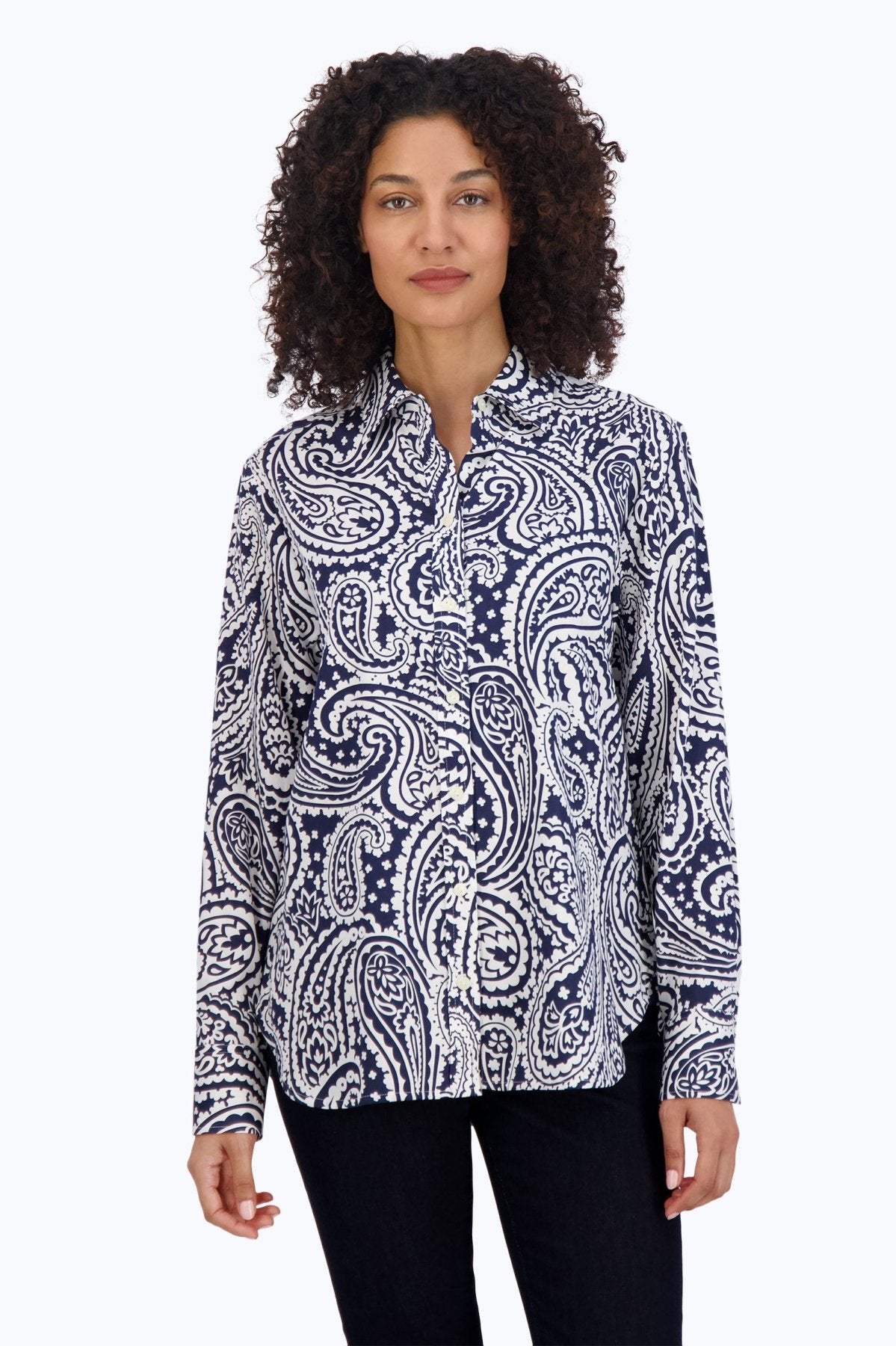 Meghan Navy Paisley Long Sleeve Shirt for Women - Stylish Floral Print Blouse for Office, Date Night & Casual Wear