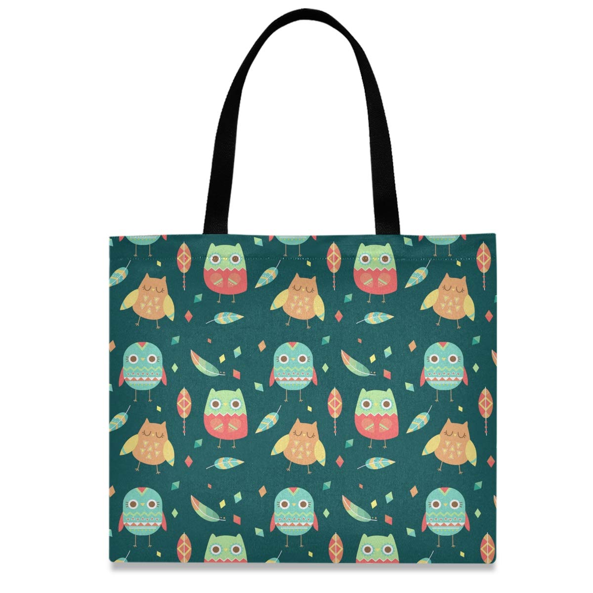 Eco-Friendly Reusable Grocery Shopping Tote Bag - Cute Cartoon Owls & Leaf Design, Heavy Duty Washable Canvas Work Bag (20