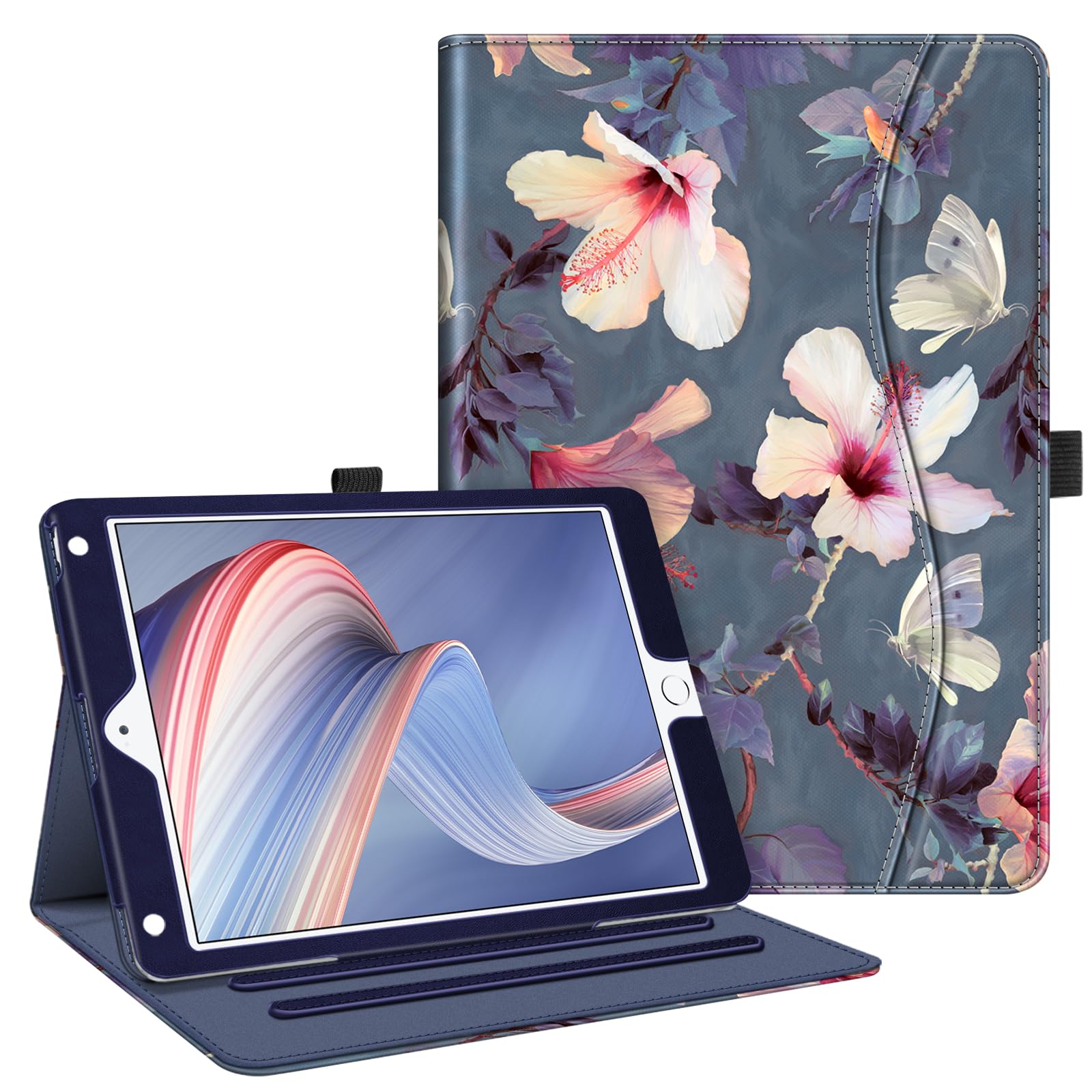Fintie Protective Case for iPad 6th/5th Generation (2018/2017 Model) & iPad Air 2/Air 1 (9.7 Inch) - Multi-Angle Stand Cover with Corner Protection & Storage Pocket, Blooming Hibiscus Design - Perfect for Work, School & Travel Use