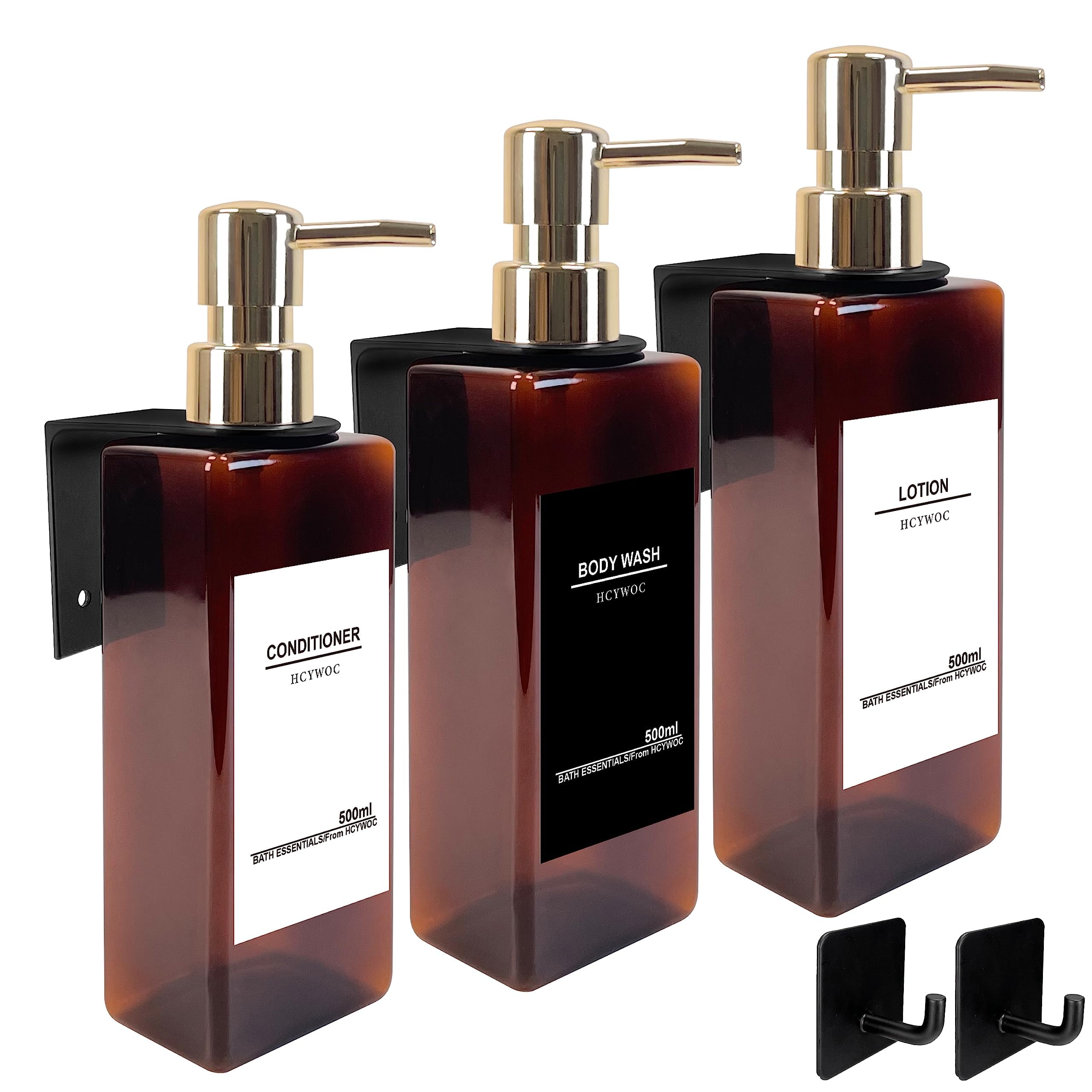 Wall Mounted Shampoo and Conditioner Dispenser for Shower - 3 Chamber No Drill Bathroom Soap Dispenser with 16 Waterproof Labels, 17oz Capacity in Gold Amber - Perfect for Spa-Like Showers, Guest Bathrooms & Organized Family Bathrooms