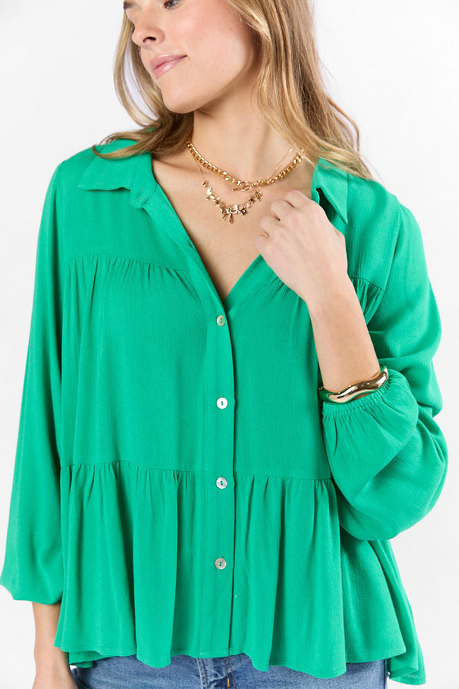 Stylish Green Tiered Relaxed Button Down Blouse for Women - Flowy Casual Shirt with Comfort Fit - Perfect for Office, Date Night & Weekend Outings