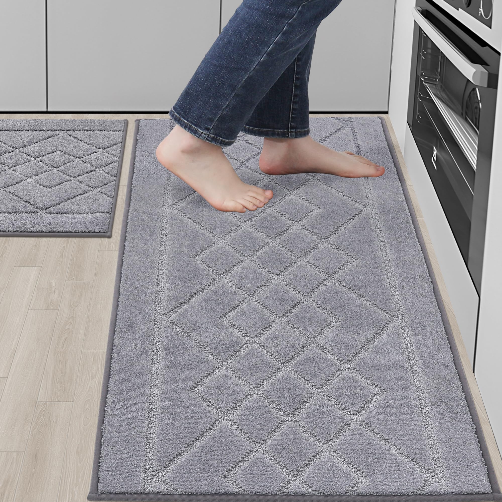 BEQHAUSE Non-Slip Washable Kitchen Rugs Set of 2 - Absorbent Soft Floor Mats for Kitchen, Sink, Hallway & Laundry (20”x30”+20”x48”, Grey) - Perfect for High Traffic Areas & Spill Protection