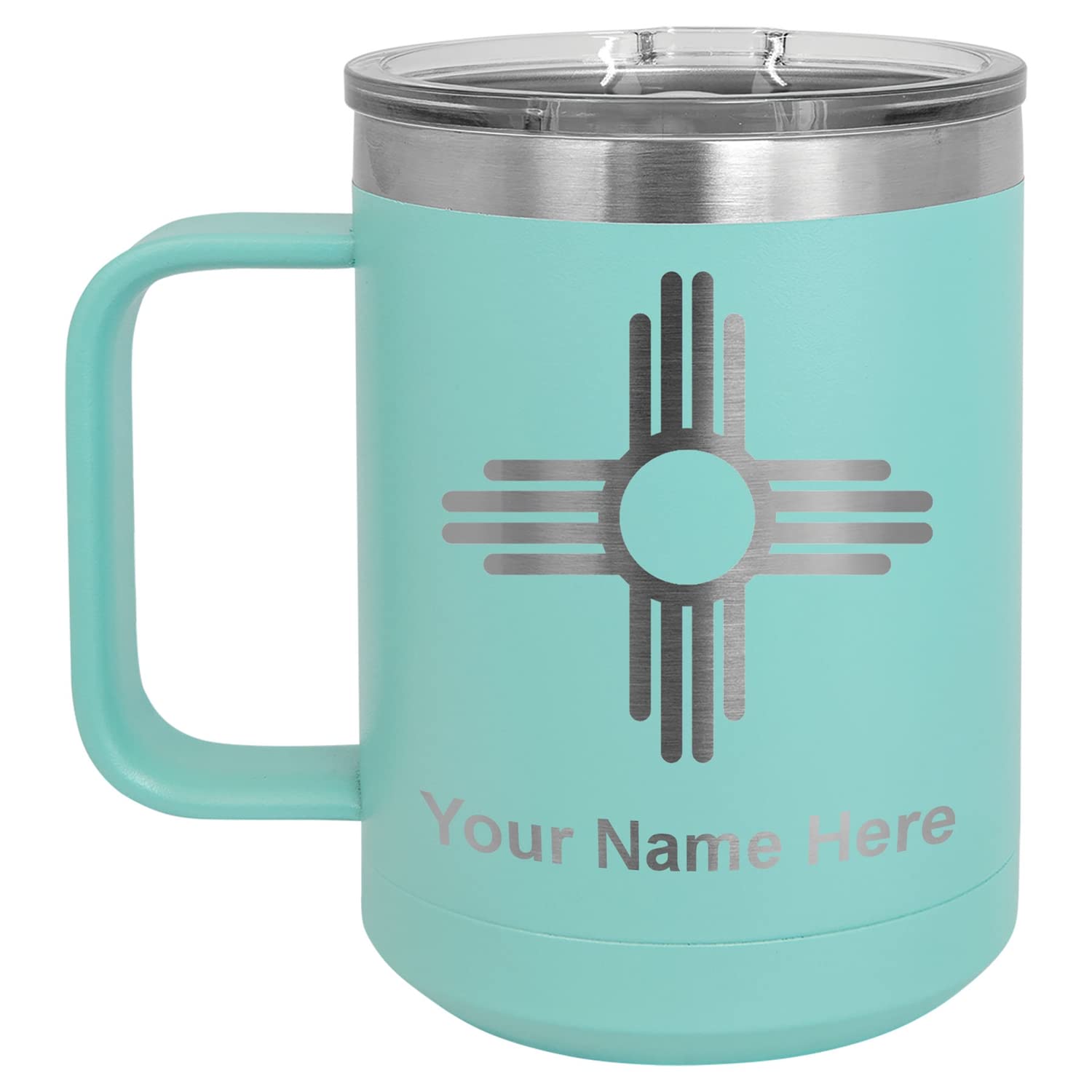 LaserGram 15oz Vacuum Insulated Stainless Steel Coffee Mug with New Mexico Flag Design - Custom Engraving & Leak-Proof Lid - Perfect for Travel, Camping & Office Use (Teal)