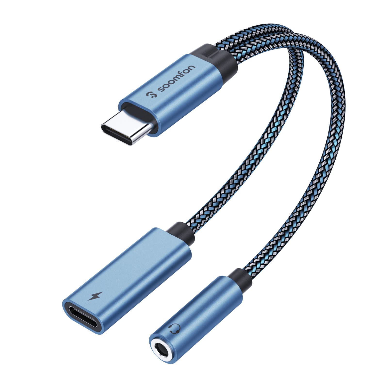 SOOMFON 2-in-1 USB C to 3.5mm Headphone Jack & PD 60W Fast Charging Adapter - Compatible with iPad Pro 2020, Galaxy S20+, Pixel 4 XL - Blue | Perfect for Travel, Work & Gaming with Simultaneous Audio & Charging