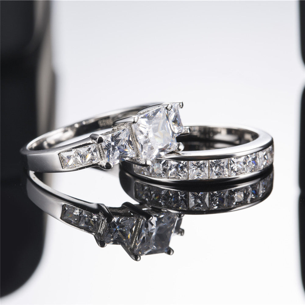 Princess Cut Sterling Silver Three Stone CZ Engagement Ring Set - Wedding, Bridal & Valentine's Day Gift for Her - Perfect for Proposals, Anniversaries & Romantic Occasions