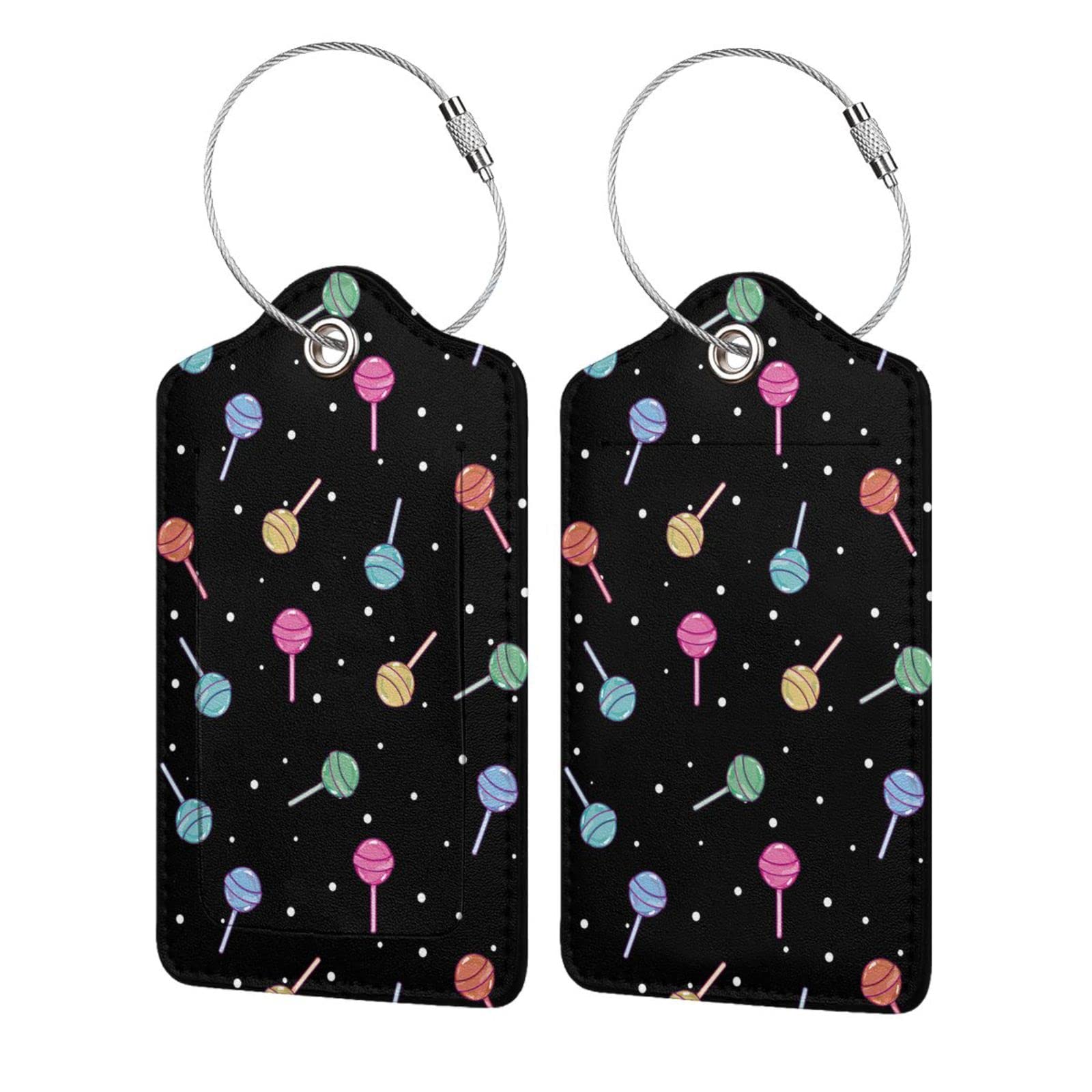 2 PCS Colorful Lollipop PU Leather Luggage Tags with Stainless Steel Loop - Waterproof ID Label & Privacy Cover - Stylish Suitcase Baggage Tags for Women, Men & Kids - Perfect for Travel, Vacation & Business Trips