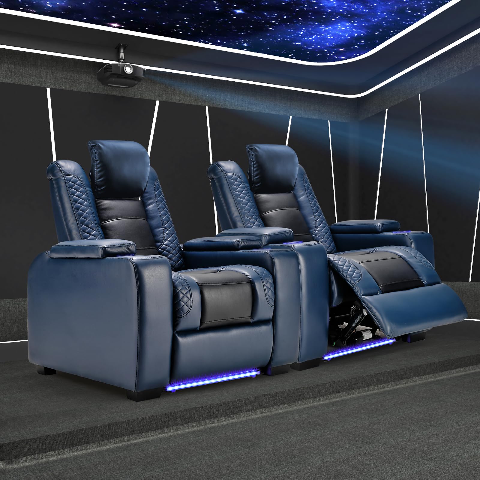 Premium ANJ Power Home Theater Recliner Chairs Set of 2 - PU Leather Electric Reclining Sofa with Cup Holders, Adjustable Headrest & Blue LED Lights, Hidden Arm Storage (Black-Blue) - Perfect for Movie Nights, Gaming & Home Entertainment Rooms