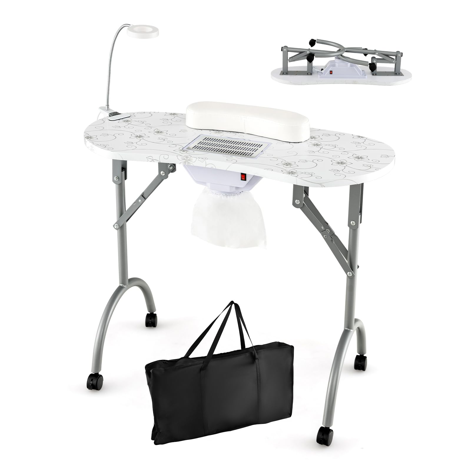 Professional Portable Nail Technician Table with LED Lamp, Dust Collector & Wheels - Foldable Manicure Desk with Wrist Rest & Carry Bag for Home Salon & Mobile Nail Tech Services | Perfect for Nail Artists, Beauty Professionals & DIY Enthusiasts