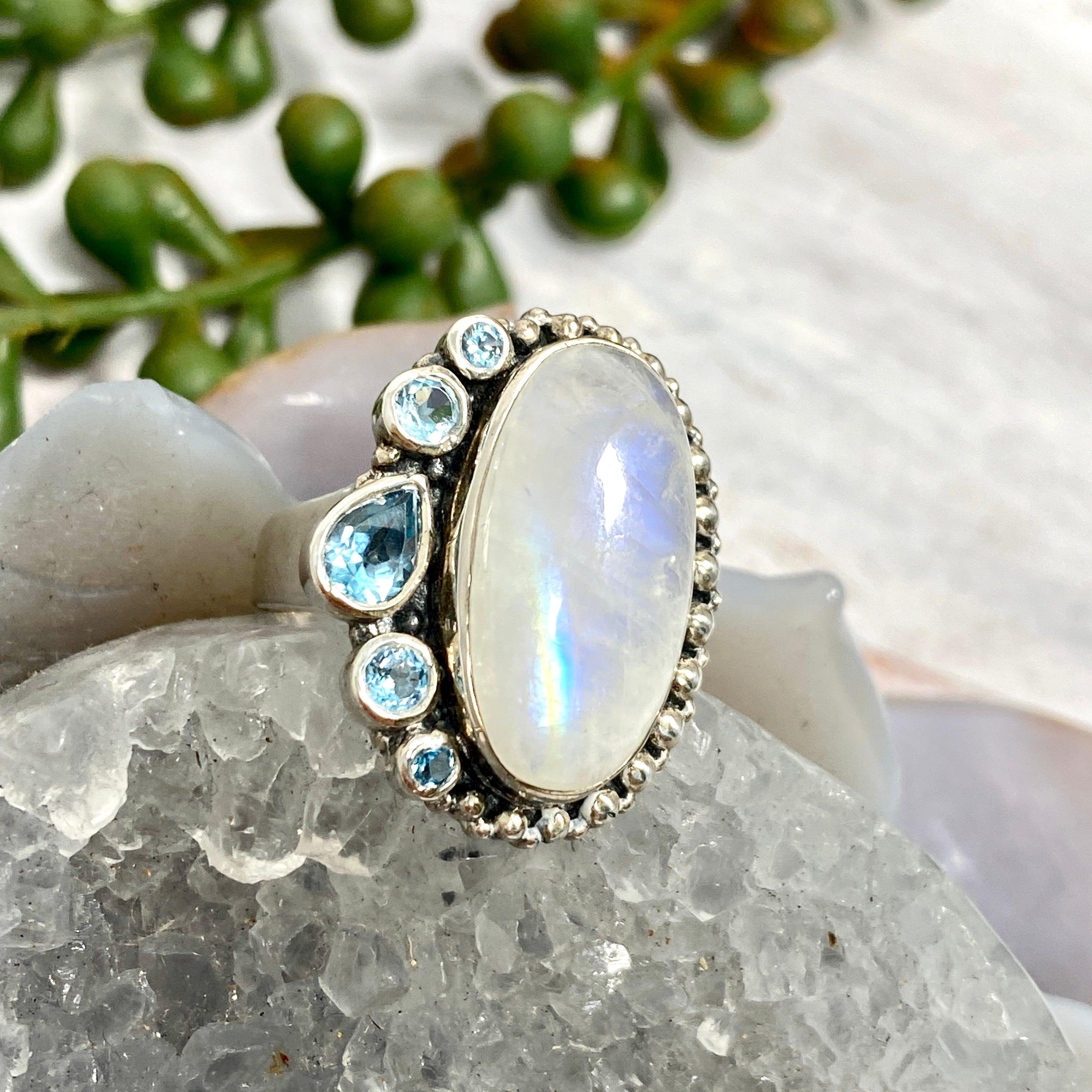 Moonstone and Blue Topaz Multi-Stone Ring - Size 7 - Elegant Handmade Jewelry for Women - Perfect for Weddings, Parties & Special Occasions
