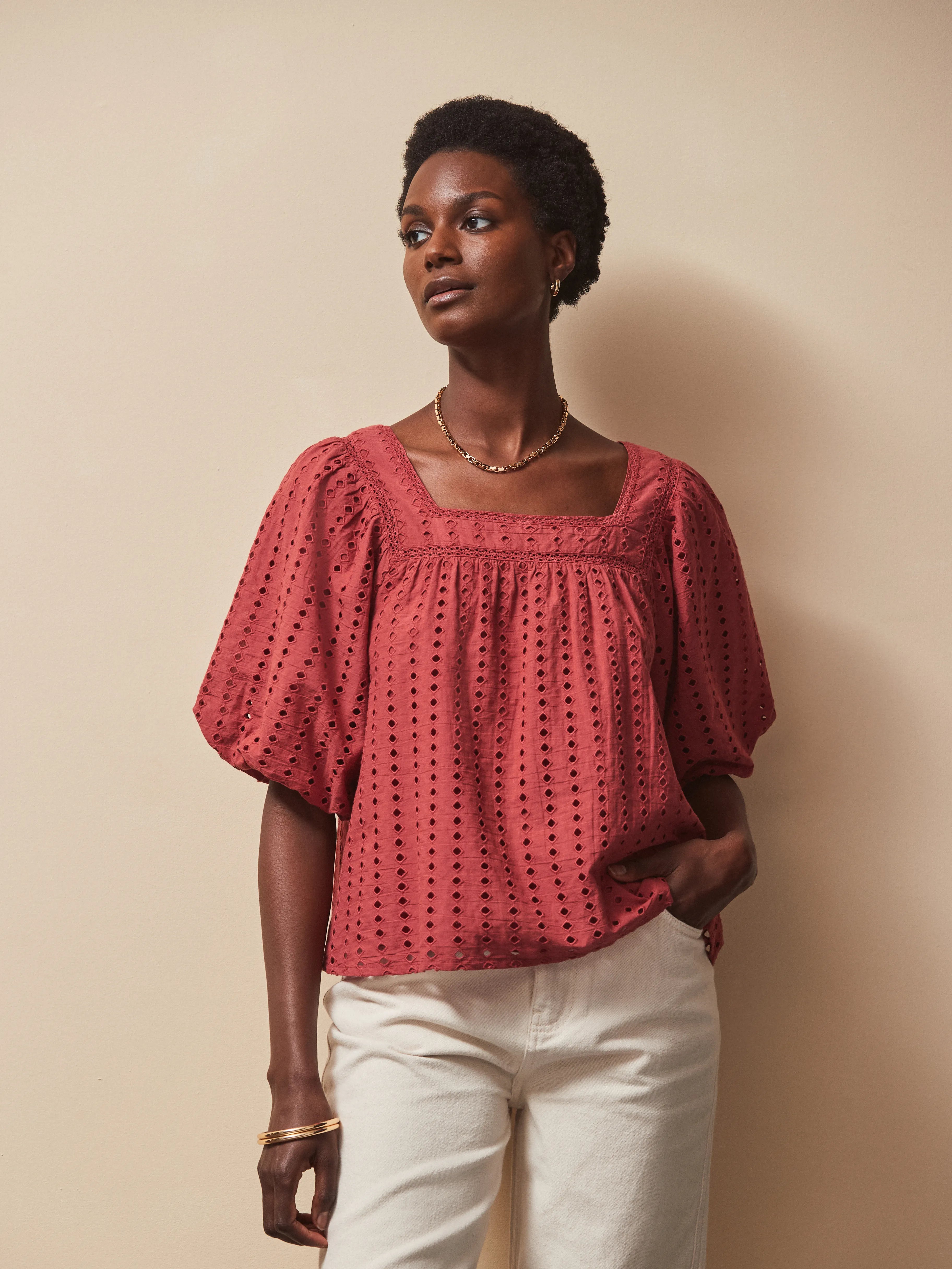 Rust Broderie Anglaise Cotton Smock Top - Vintage Floral Embroidered Blouse for Women | Perfect for Boho Style, Summer Outfits & Casual Wear