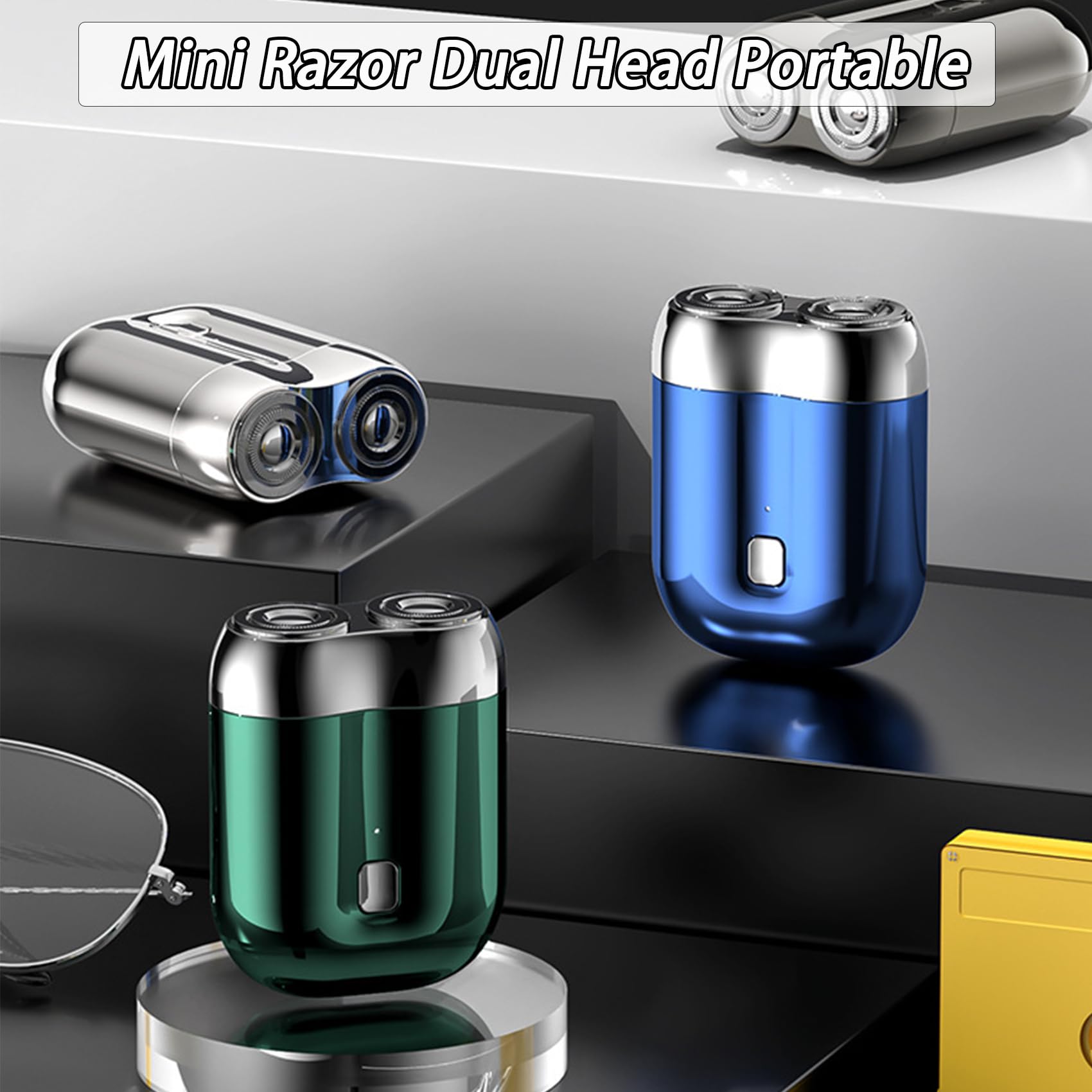 Quatreey Electric Razor for Men - Portable Mini Shaver with Dual Washable Heads, Rechargeable Travel Shaver for Smooth Shaving (Blue & Green) - Perfect for Home, Office & Travel Grooming
