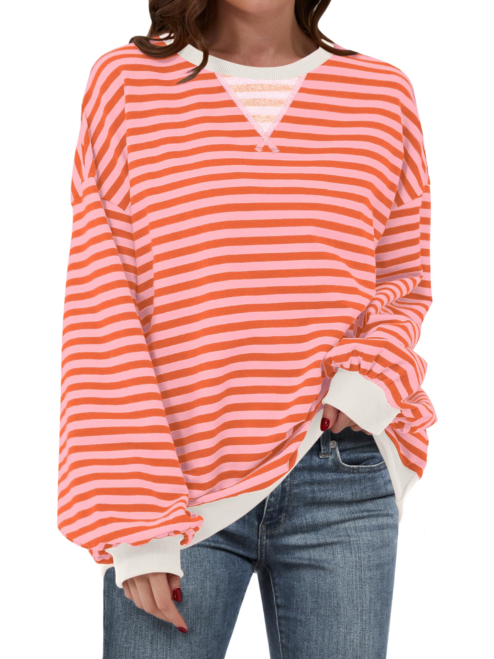 ANRABESS Women's Striped Sweatshirt - Long Sleeve Crewneck Oversized Pullover Top | Soft Casual Fall Fashion Sweater | Perfect for Autumn Outfits, Weekend Wear & Cozy Layering