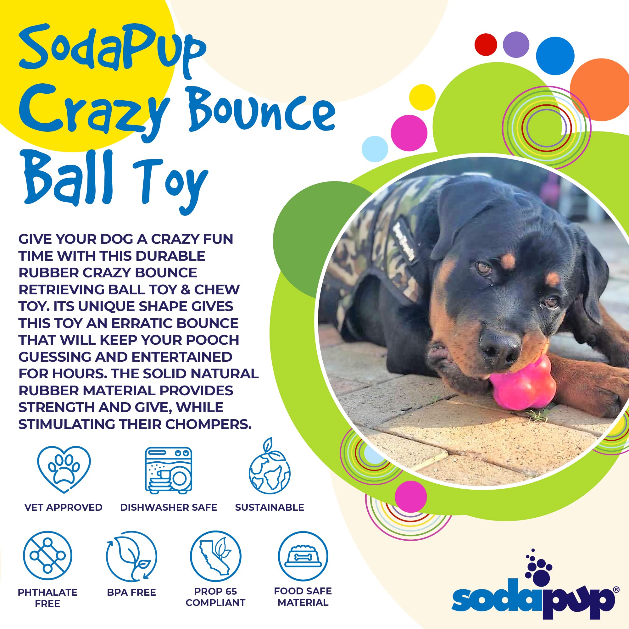 SodaPup Crazy Bounce - Durable Natural Rubber Dog Ball Toy & Chew Toy for Aggressive Chewers | Non-Toxic, Pet-Safe & Made in USA | Perfect for Fetch, Training, Bonding & Mental Stimulation | Great for Backyard Play, Dog Parks & Interactive Games