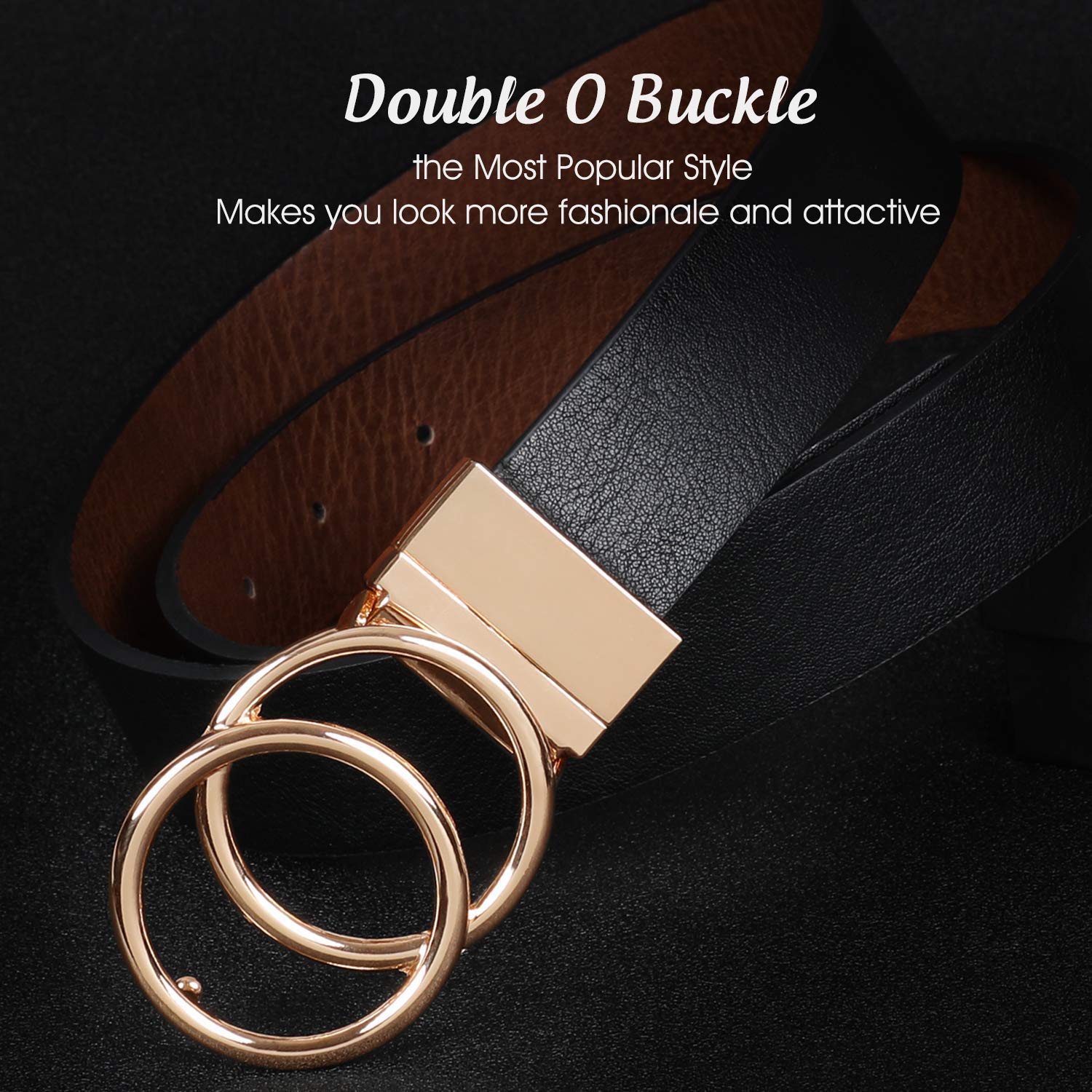 JASGOO Women's Reversible Leather Belt - Gold Double O Ring Rotate Buckle for Jeans, Dresses & Pants | Stylish Waist Accessory for Casual & Office Wear