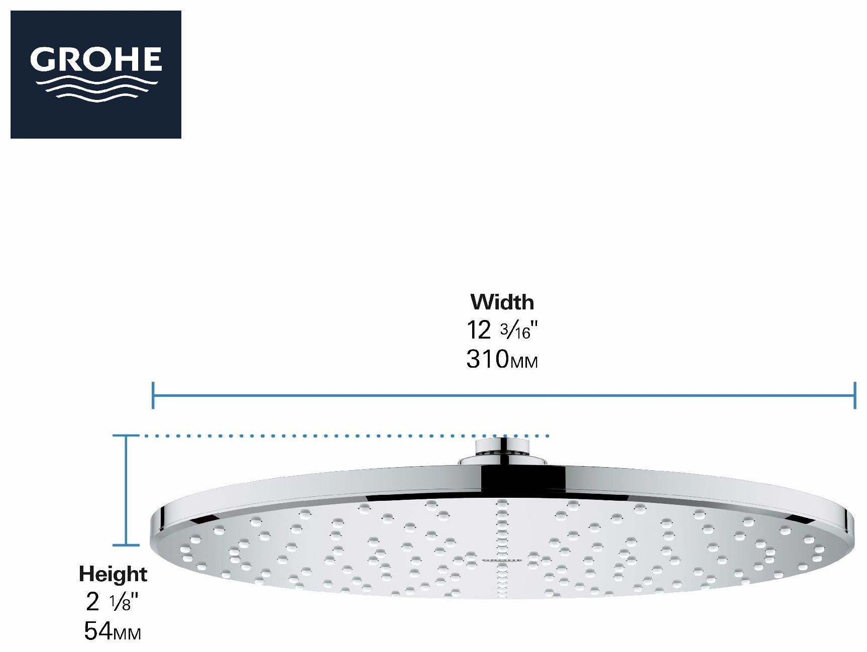 Grohe 310 Mono 12 Rain Shower Head in Chrome - High Pressure Water Saving Showerhead for Luxurious Spa-Like Bathroom Experience