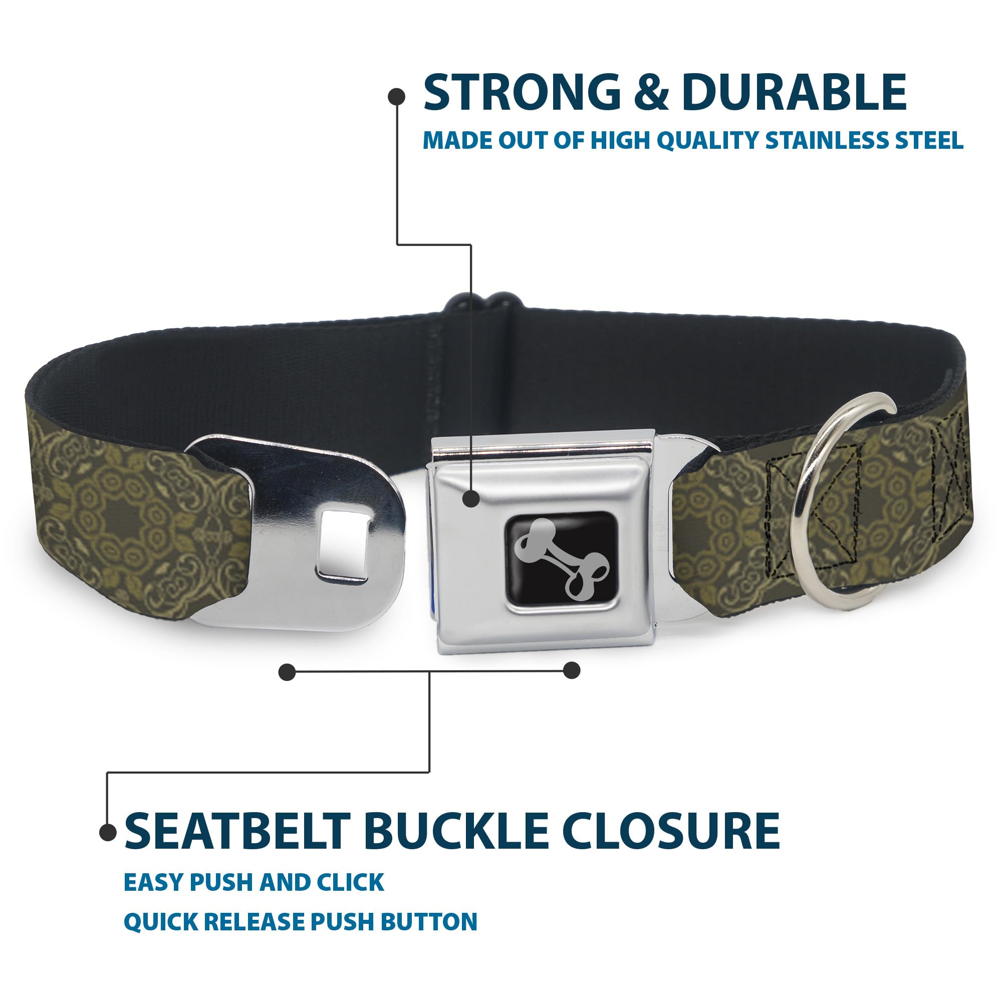 Premium Dog Collar with Seatbelt Buckle - Adjustable 16 to 23 Inches, 1.5 Inch Wide - Charcoal & Olive Tapestry Design - Safe Car Travel & Daily Walks for Medium to Large Dogs
