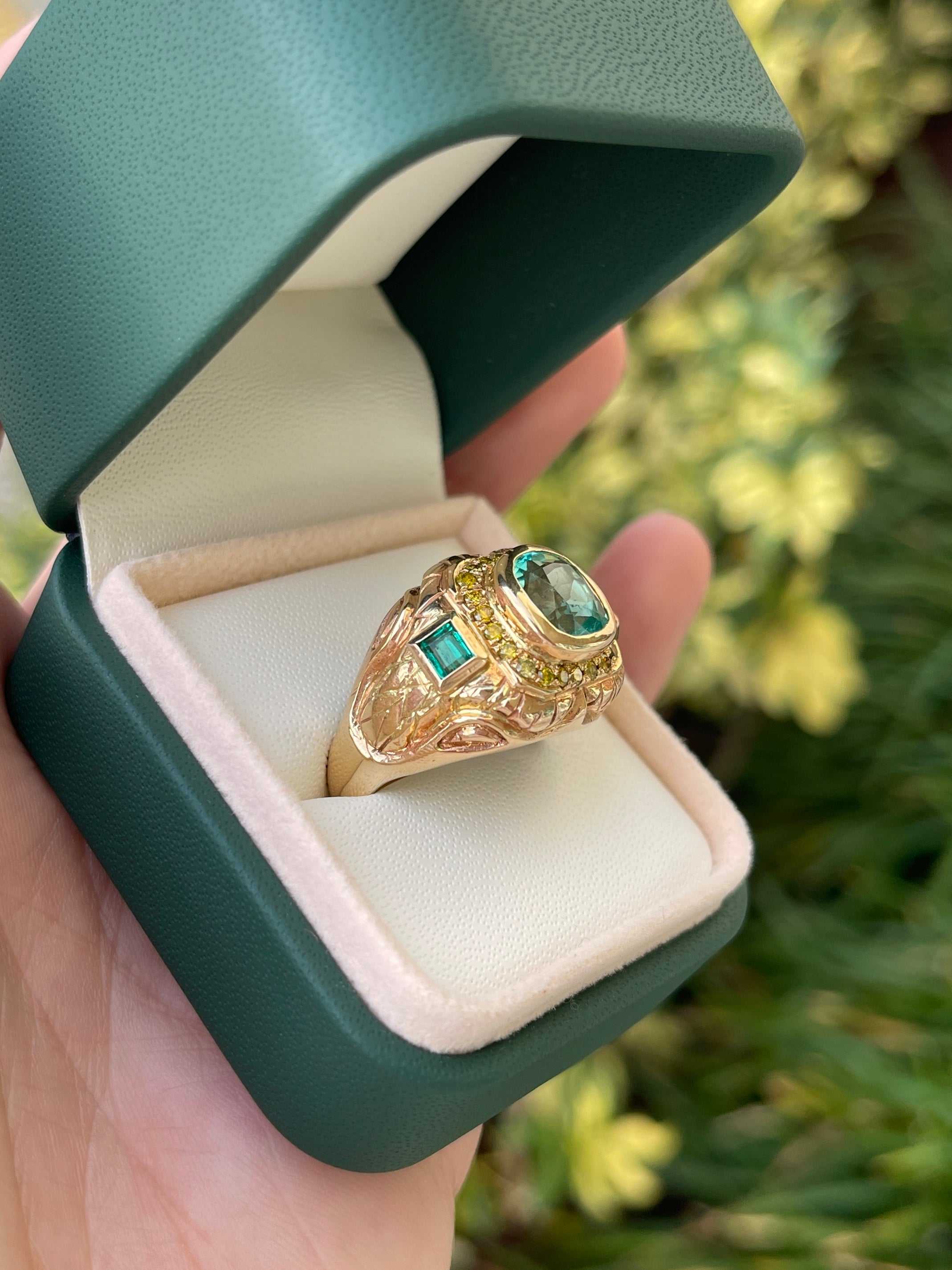 4.18tcw 14K Gold Colombian Emerald Cushion Cut & Princess Cut Yellow Diamond Accent Men's Ring for Wedding, Engagement & Special Occasions