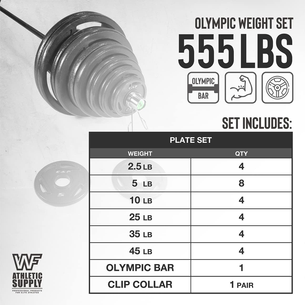 WF Athletic Supply 290lb, 300lb & 555lb Olympic Grip Plate Sets with 7ft Olympic Barbell - Premium Weight Plates for Strength Training, Weightlifting, Bodybuilding & Powerlifting - Perfect for Home Gym, CrossFit & Professional Training