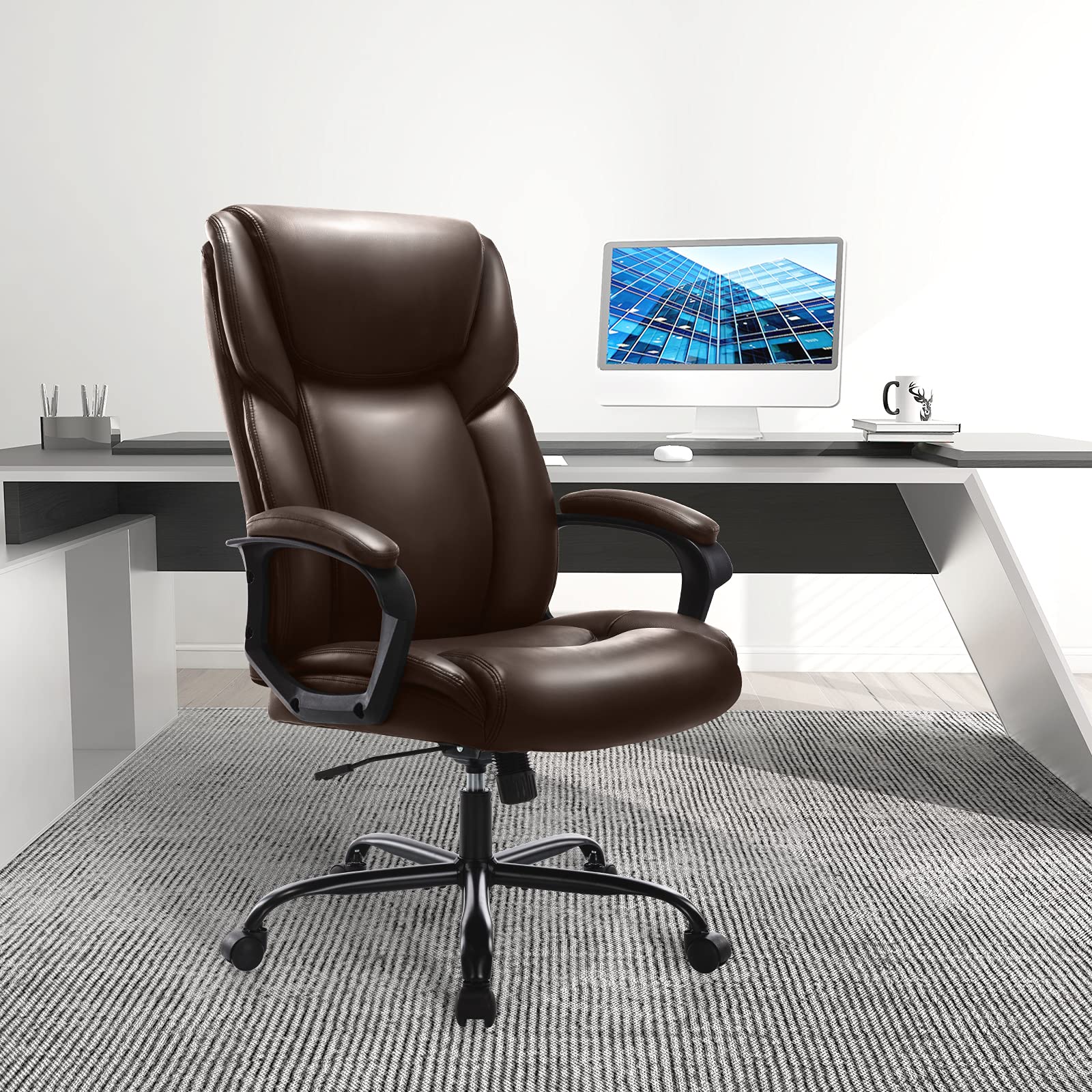 Ergonomic High Back Executive Office Chair - Adjustable PU Leather Managerial Swivel Task Chair with Lumbar Support for Home & Office Use, Brown - Perfect for Long Work Hours, Video Conferencing and Computer Workstations