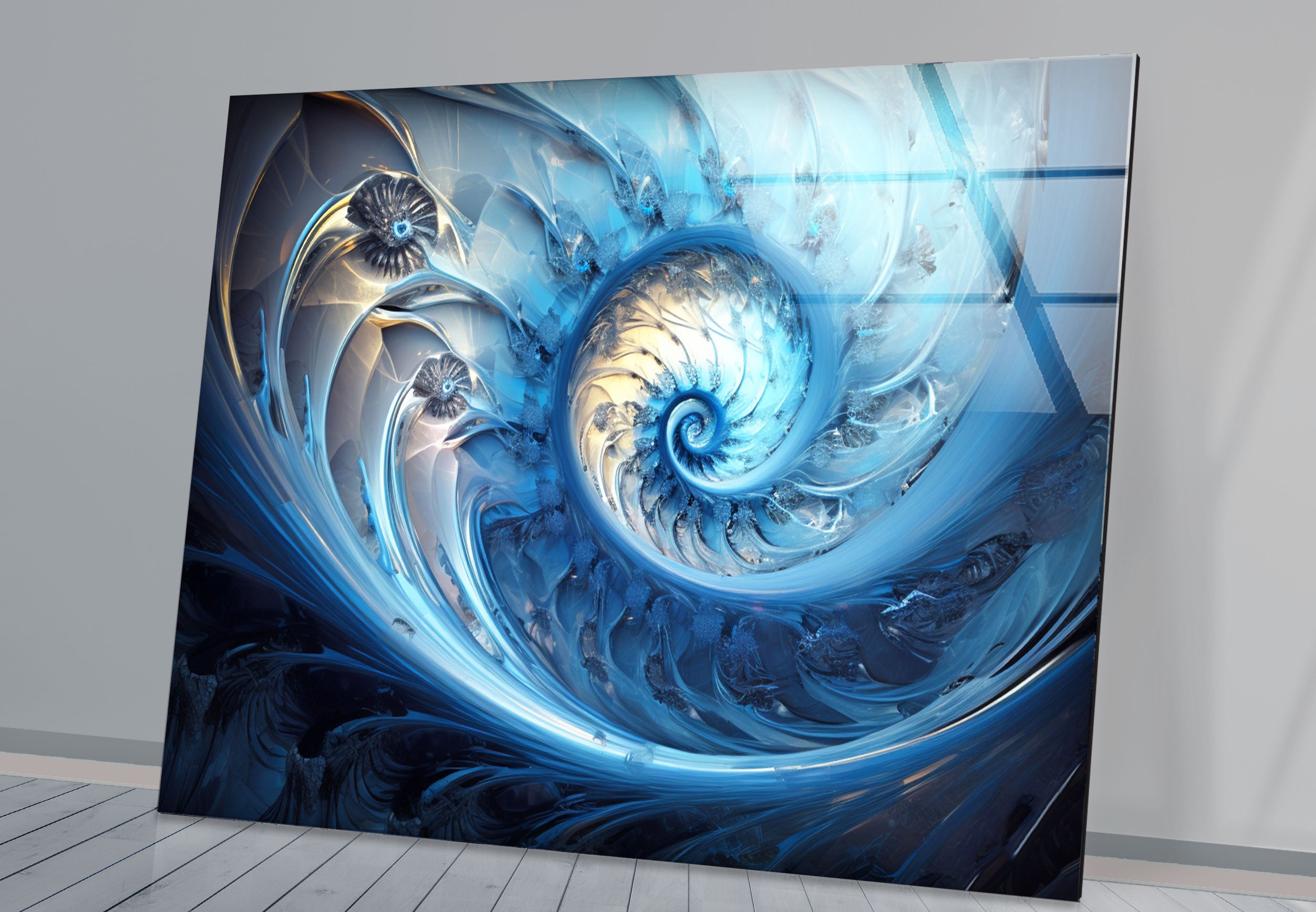 Blue Fractal Spiral Wall Art - Abstract Nautilus Glass Print for Modern Living Room & Office Decor | Perfect for Contemporary Home & Workspace Interiors