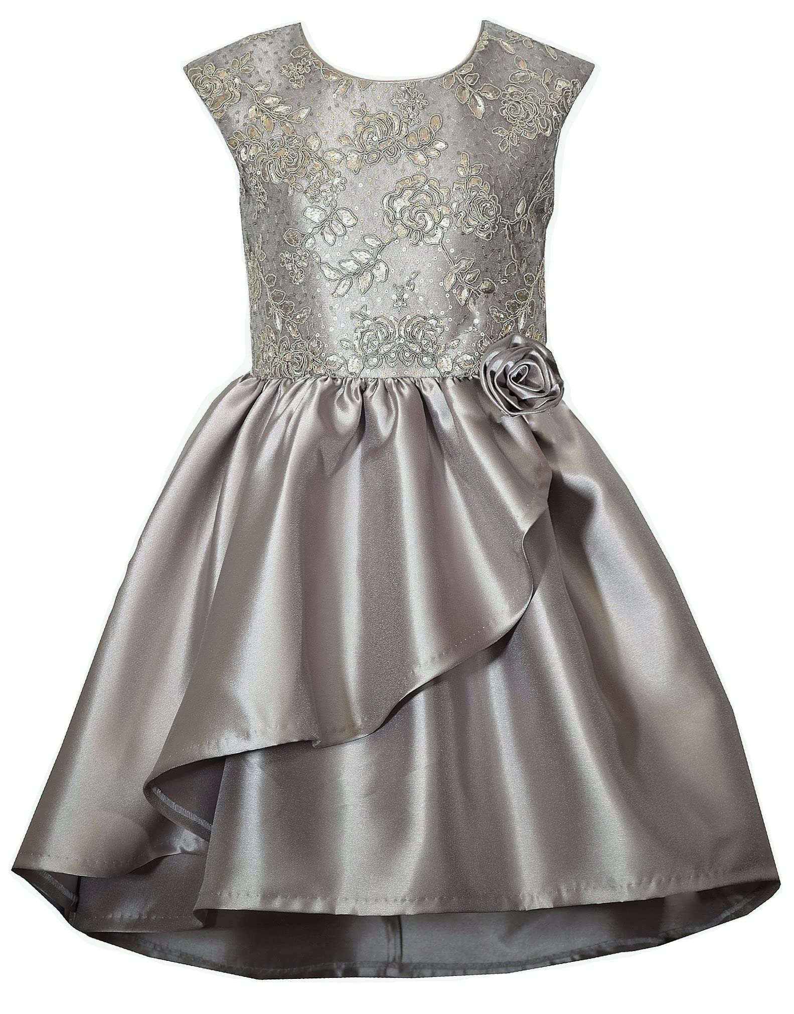 Bonnie Jean Girls Embroidered Sequins Mikado Dress for Ages 4-16 | Silver Gray Party Dress for Special Occasions, Weddings & Formal Events