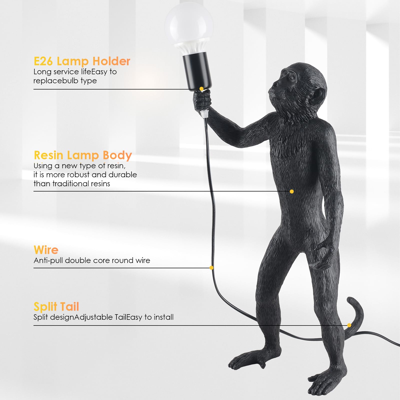Modern Resin Standing Monkey Table Lamp - LED Desk Lamp for Home Decor, Bedroom, Living Room, Office & Kids Room - Animal-Themed Night Light for Reading & Ambient Lighting (Black Standing)