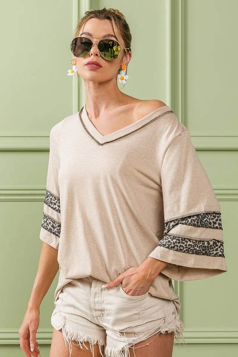 Stylish BiBi Triblend Knit Top with Leopard Band Detail - Women's Fashion T-Shirt for Casual Wear, Outfits & Daily Comfort