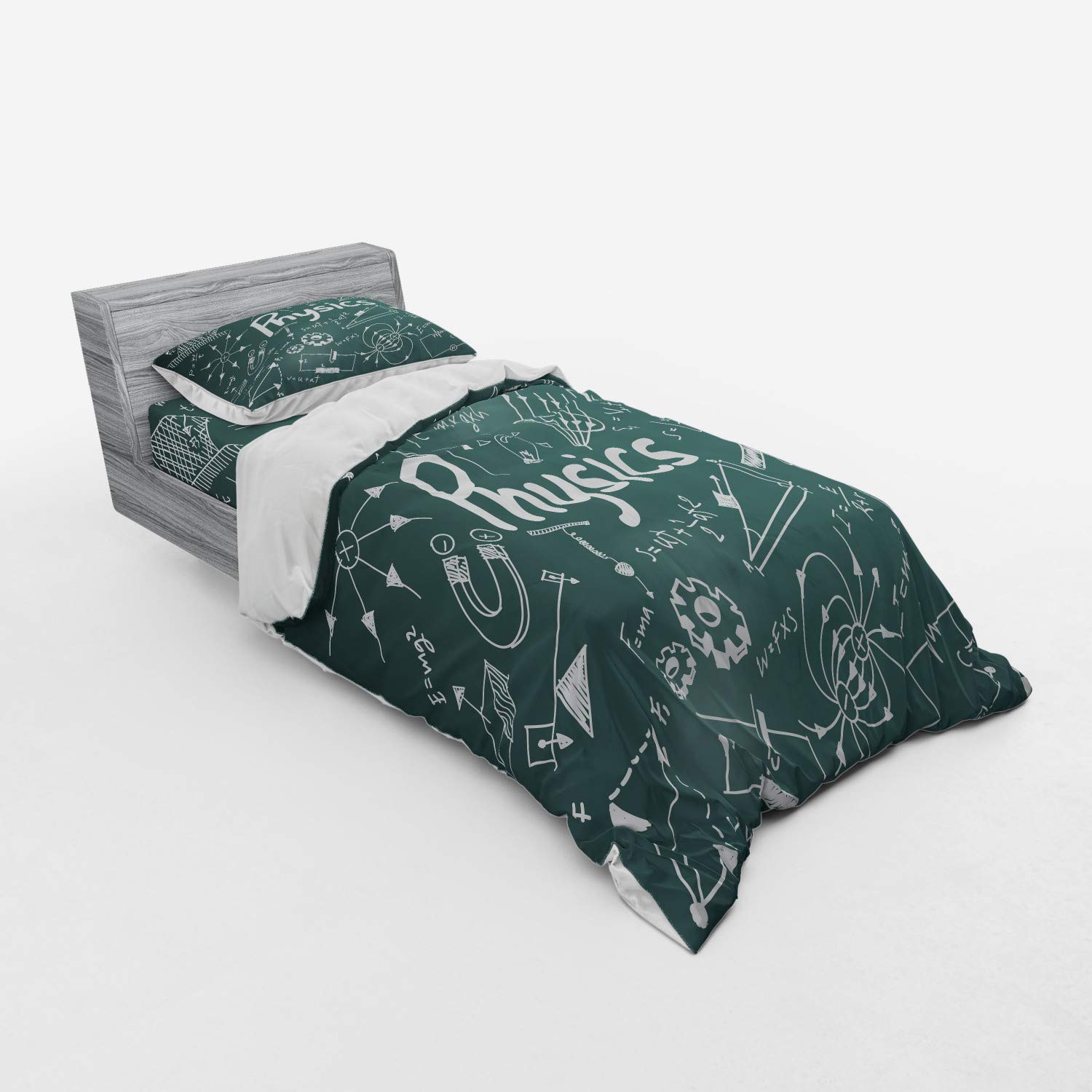 Ambesonne Physics Science Duvet Cover Set - Mathematical Formula Equations on Board - 3 Piece Bedding Set with Pillow Sham & Fitted Sheet - Twin Size in Army Green & White - Perfect for Science Lovers, Students & Teachers - Great for Dorms, Classrooms & Themed Bedrooms