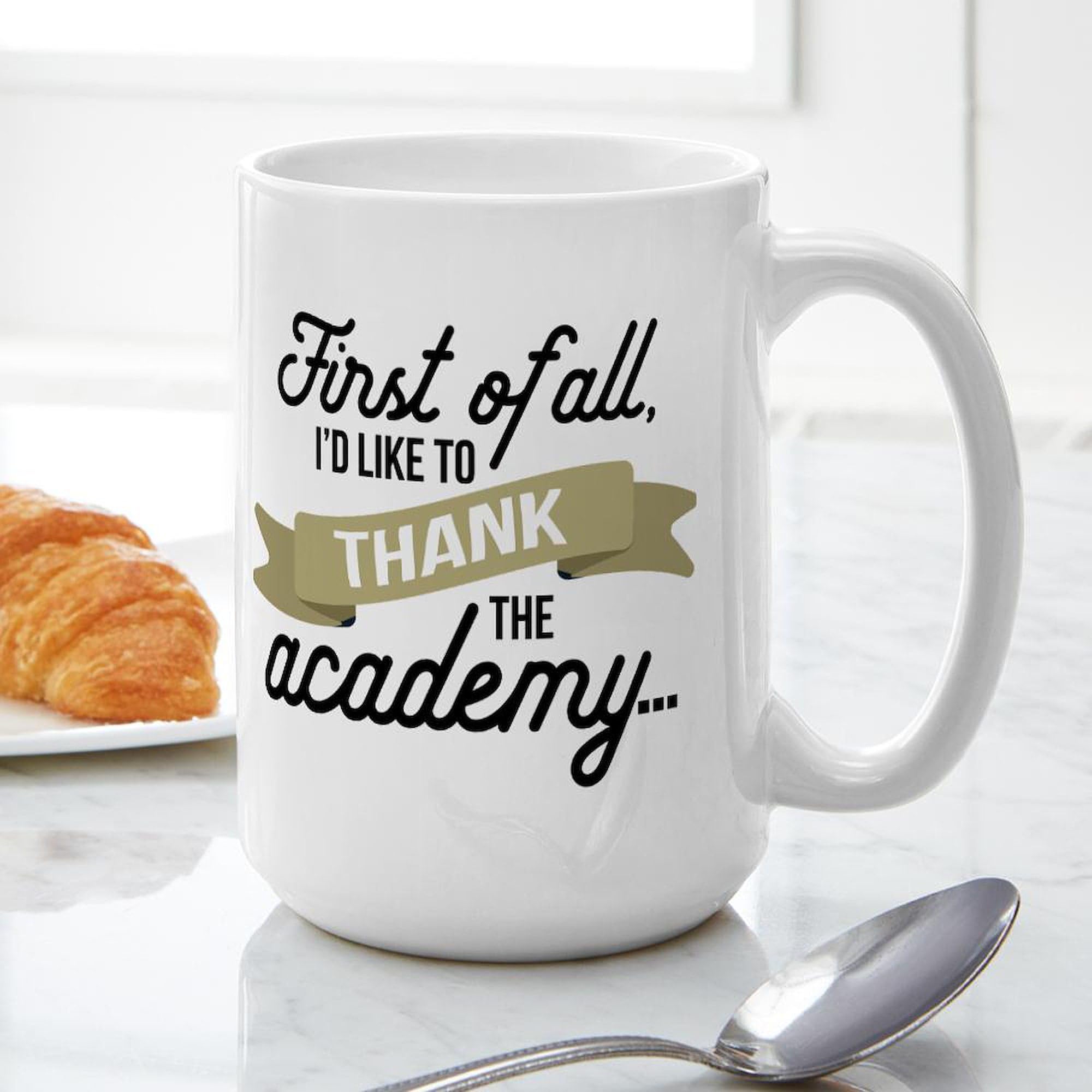 Thank The Academy 15 oz Ceramic Coffee Mug (444ml) - Funny Awards Show Gift for Movie Lovers, Teachers & Office Workers - Perfect for Hot Beverages, Souvenirs & Gag Gifts