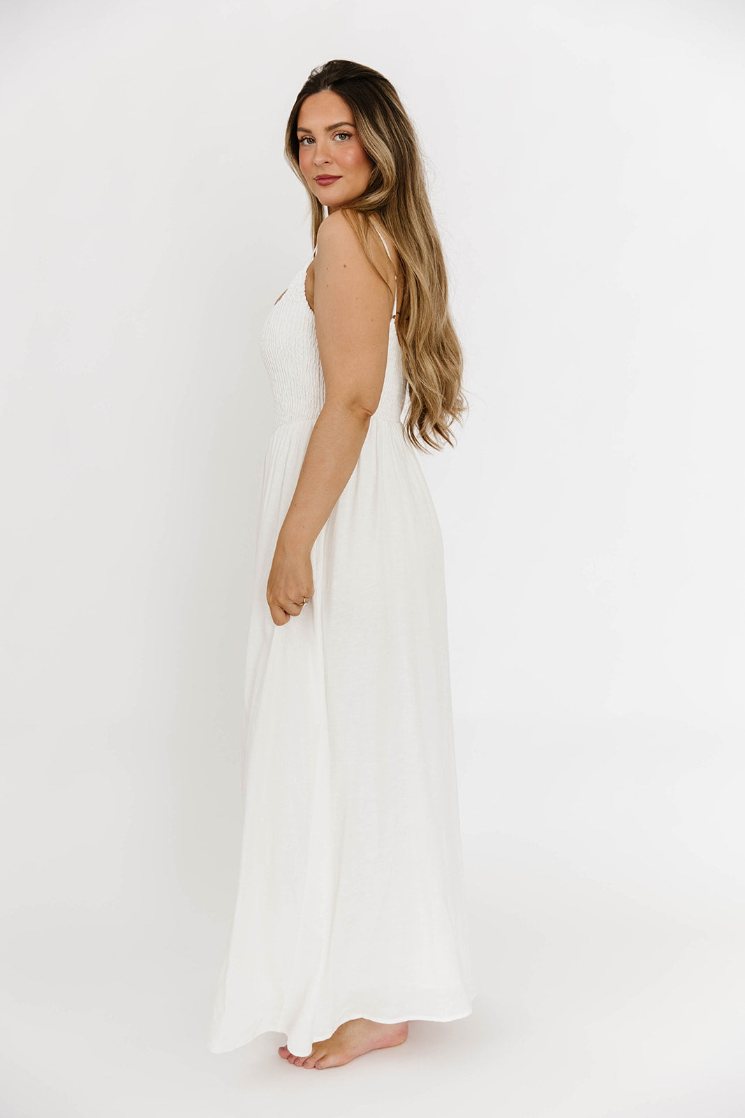 Josefina Off White Smocked Maxi Dress for Women - Elegant Summer Beach Wedding Party Dress