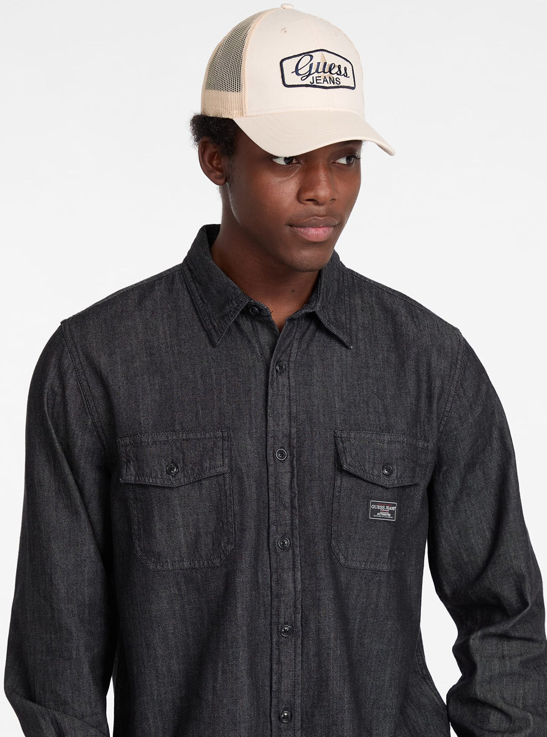 Guess Women's Beige Denim Trucker Cap - Stylish Baseball Hat for Casual Outfits & Outdoor Activities