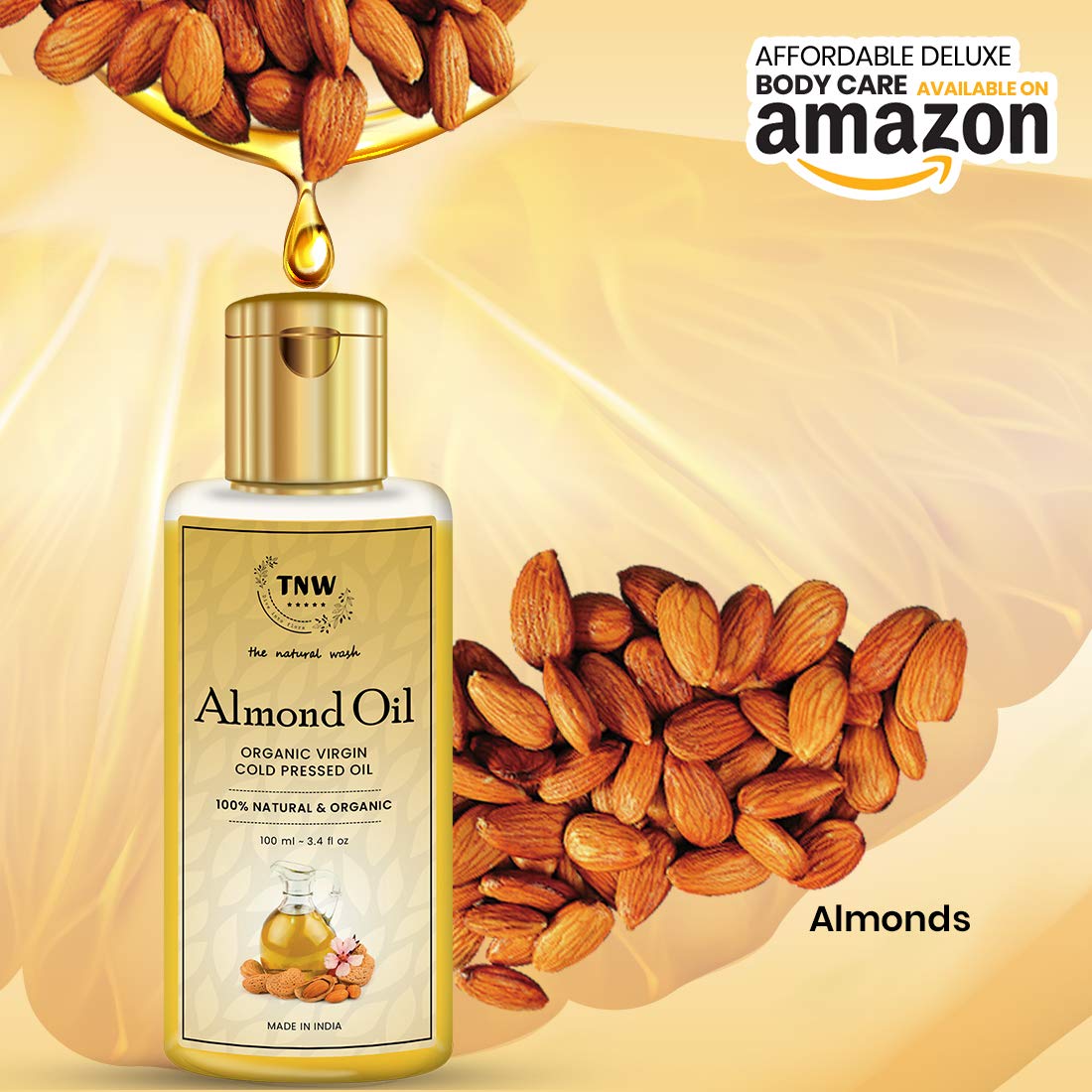 Pure Organic Virgin Cold-Pressed Almond Oil 100ml with Vitamin E - Natural Badam Tail for Face, Skin & Hair Care - Best for Dry Skin, Frizzy Hair & Baby Massage - Perfect for Daily Moisturizing, Aromatherapy & Spa Treatments