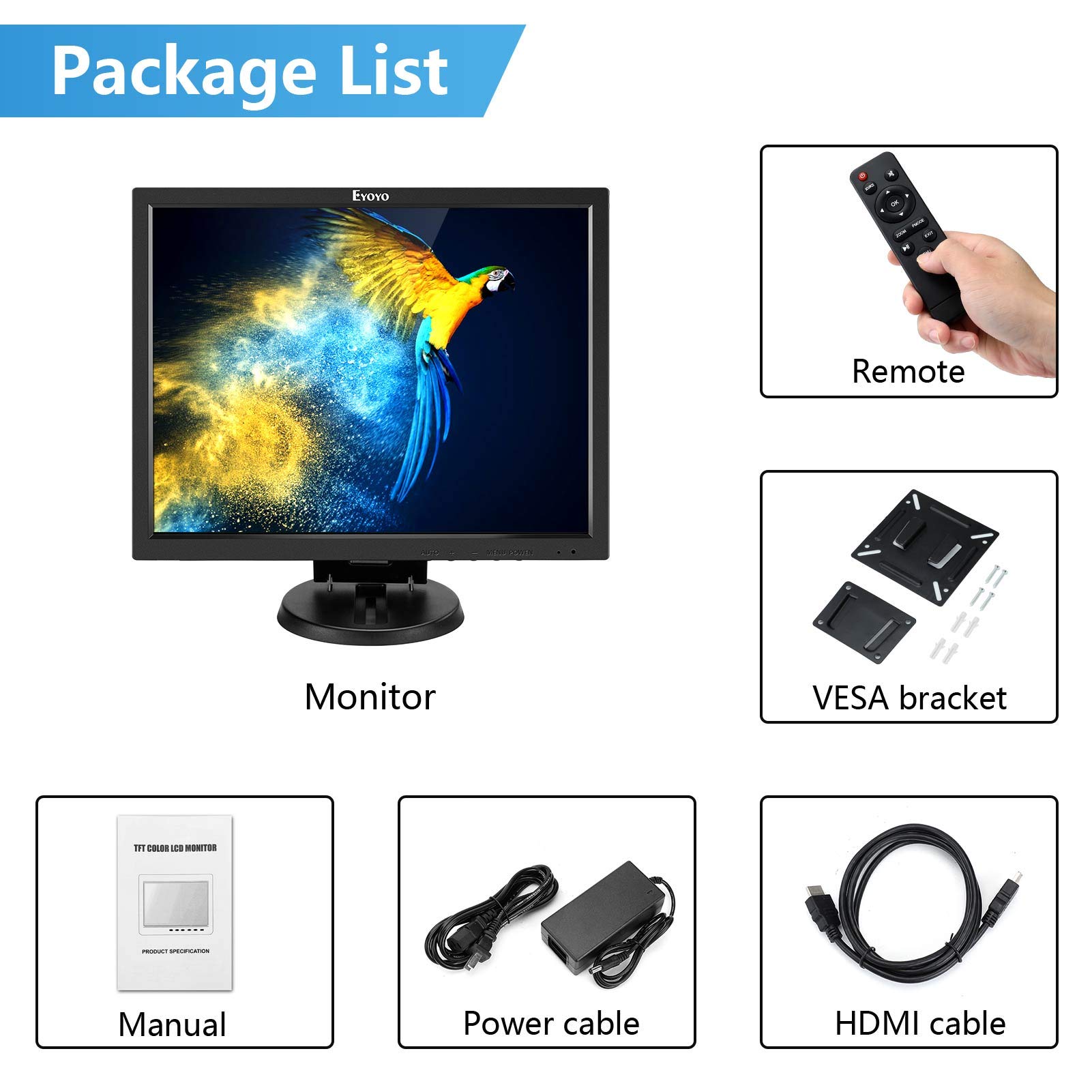 Eyoyo 14 Inch LCD HDMI Monitor - 1024x768 Resolution, VGA Display for Security Cameras with HDMI/VGA/AV/BNC Inputs, Built-in Speakers & Remote Control - Ideal for Surveillance, Gaming & Home Office Use