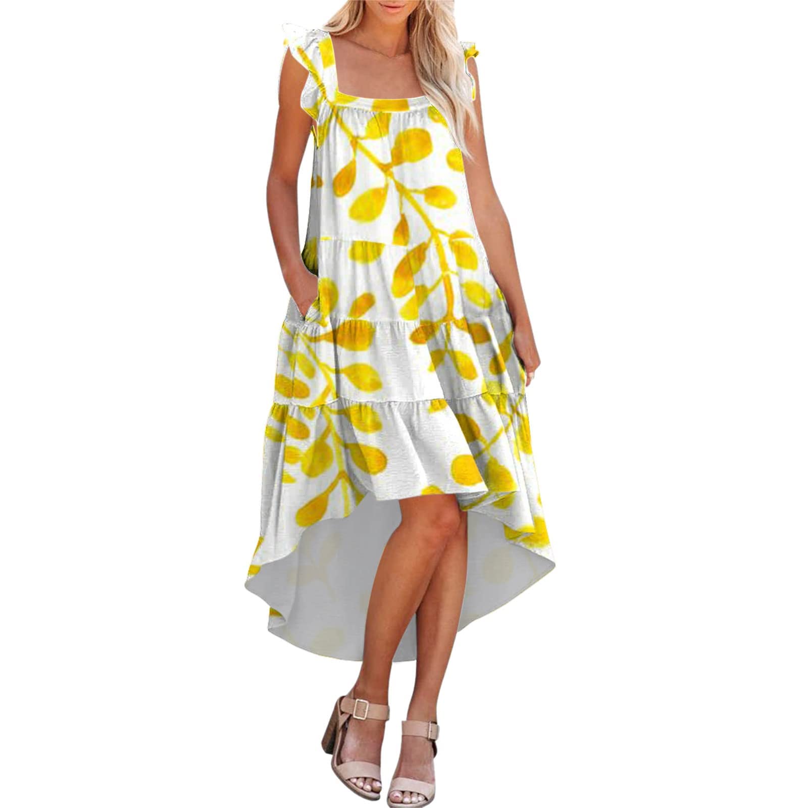 Women's Summer Boho Floral Midi Dress with Ruffle Sleeves & Pockets - Loose Flowy Sundress for Beach, Vacation & Casual Outings