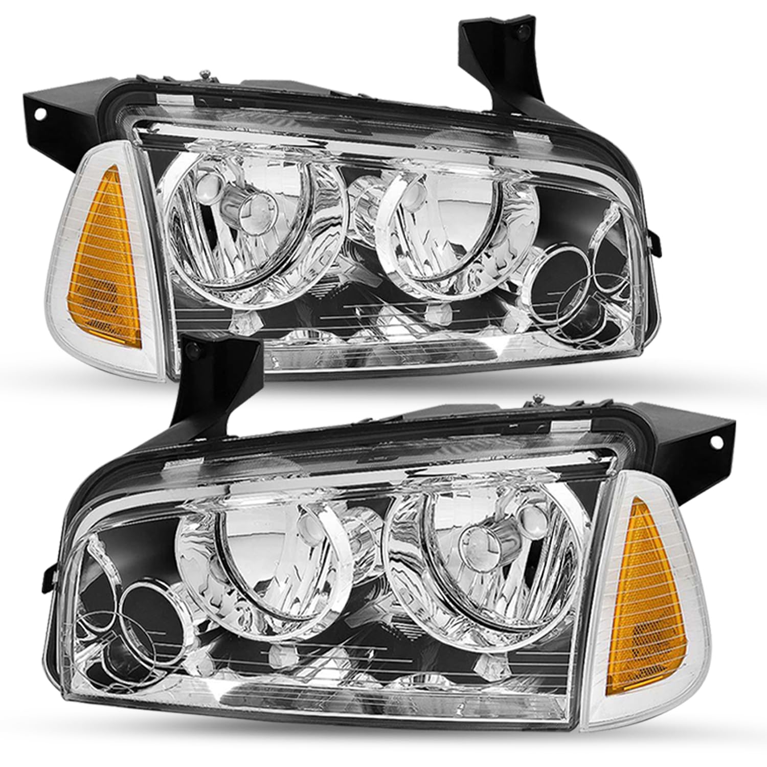 JSBOYAT 4Pcs Headlight Assembly Compatible with 2006-2010 Dodge Charger - Chrome Headlamp & Amber Corner Signal Lights (Driver & Passenger Side) - Perfect for Night Driving & Car Restoration Projects