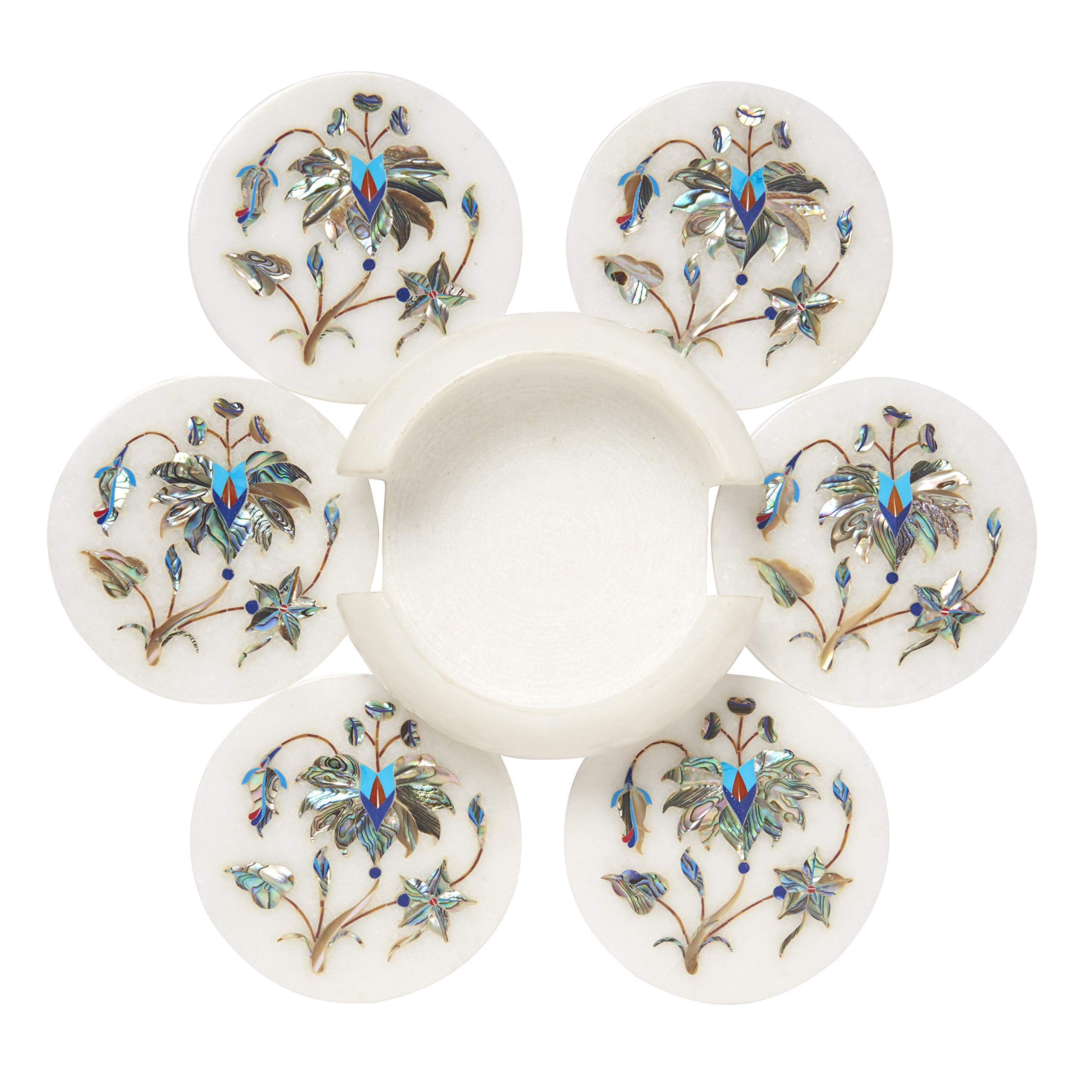 Natural White Makrana Marble Coasters Set of 6 with Holder - Shiny Abalone Shell Inlaid Drink Coasters, 4 Inch Tile for Coffee Table Decor - Perfect for Home, Office, and Gift Giving