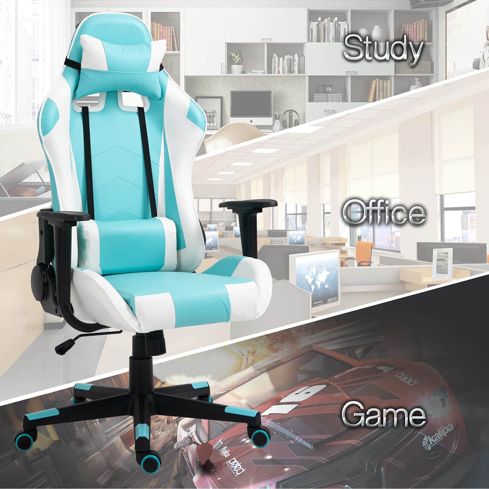 Modern-Depo Ergonomic High-Back Swivel Gaming Chair with Lumbar Support & Headrest - Adjustable Height Office Desk Chair for PC Gaming & Work (Blue & White) - Perfect for Home Office, Gaming Setup & Workstation Comfort