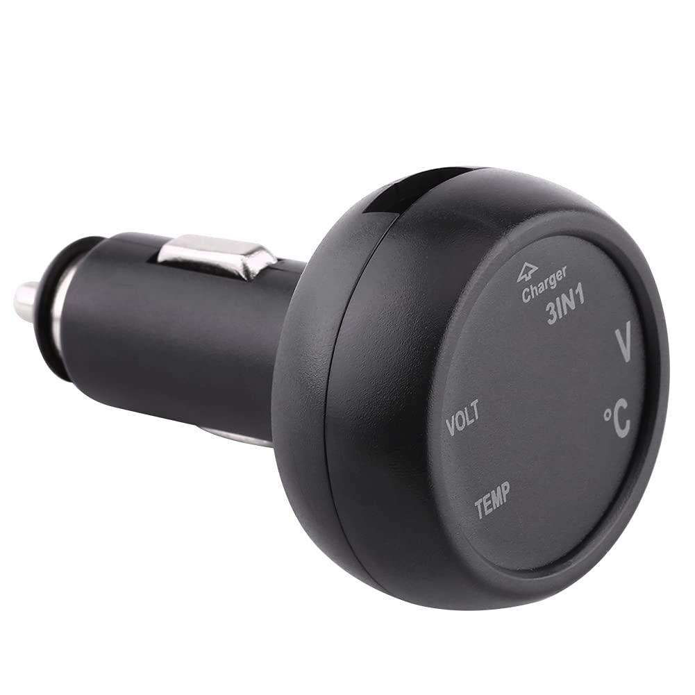 Dual USB Car Charger with LED Digital Voltmeter & Thermometer - 12V/24V Cigarette Lighter Adapter (Green+Red) for Road Trips & Emergency Power Supply