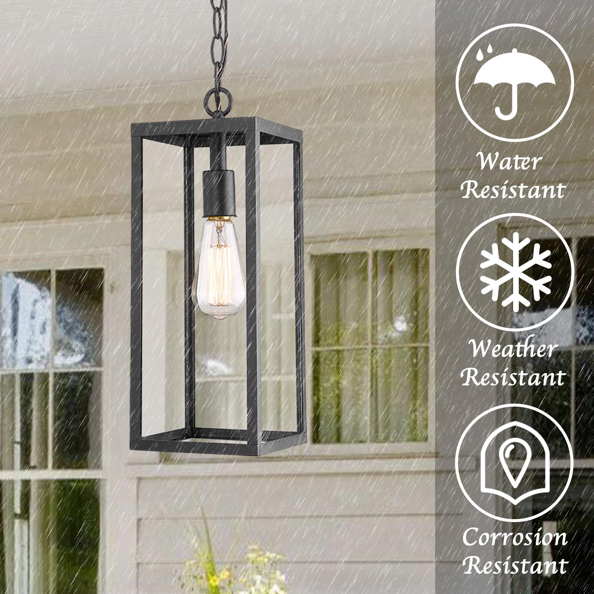 Bestshared 15 Inch Modern Outdoor Pendant Lantern Light - Clear Glass Hanging Fixture for Porch, Patio, Pathway & Hallway - Weather-Resistant Indoor/Outdoor Ceiling Lamp for Garden, Entryway & Deck Lighting