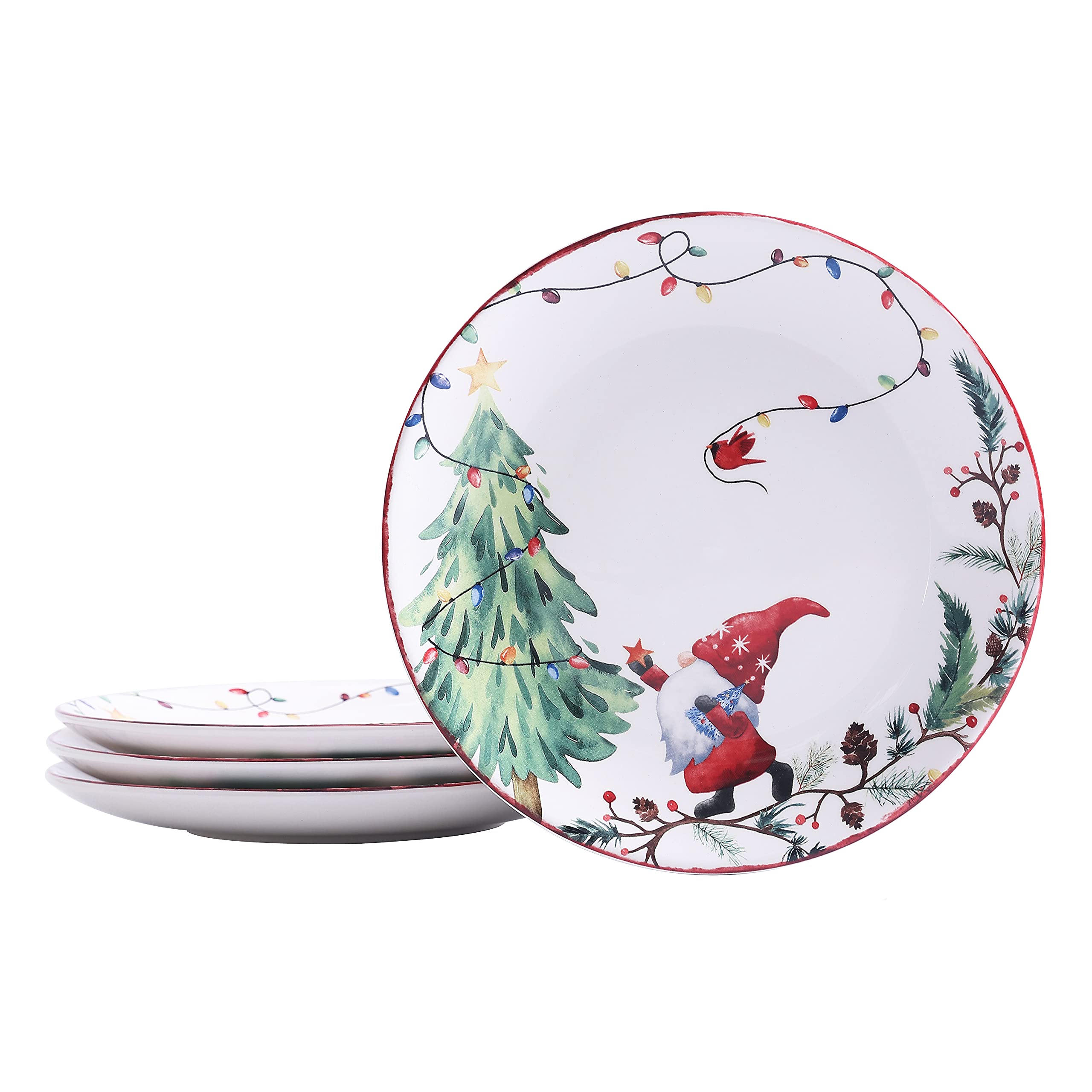 Bico Christmas Gnomes Ceramic Salad Plates - 8.75 Inch Set of 4 - Microwave & Dishwasher Safe Appetizer Dishes - Perfect for Holiday Parties, Family Dinners & Festive Decor