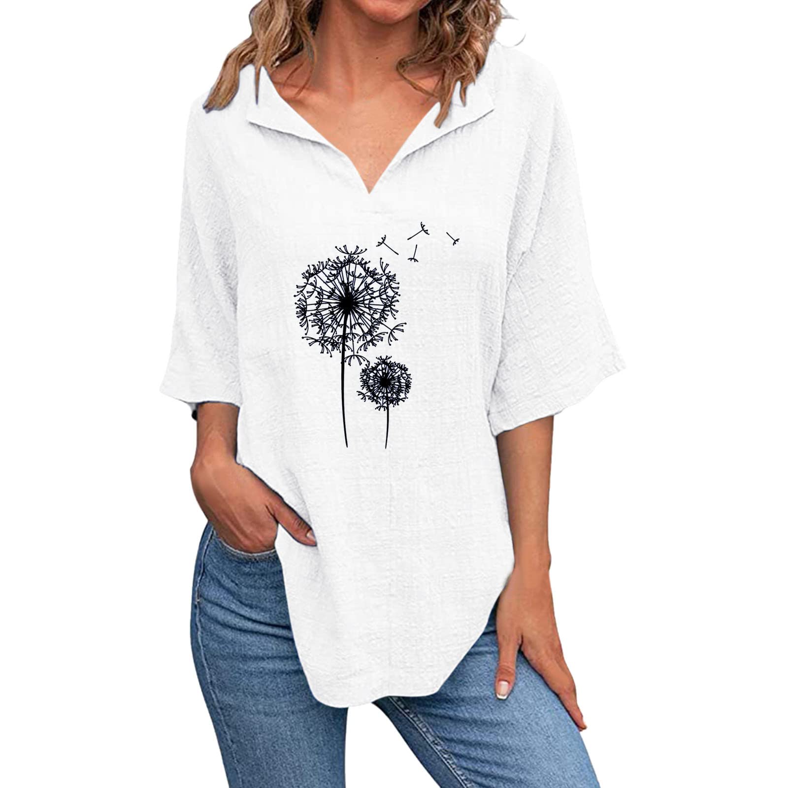 Women's Cute Solid Color V-Neck Short Sleeve Cotton Linen Tee - Summer Loose Fit Blouse for Casual Wear, Outings & Beach