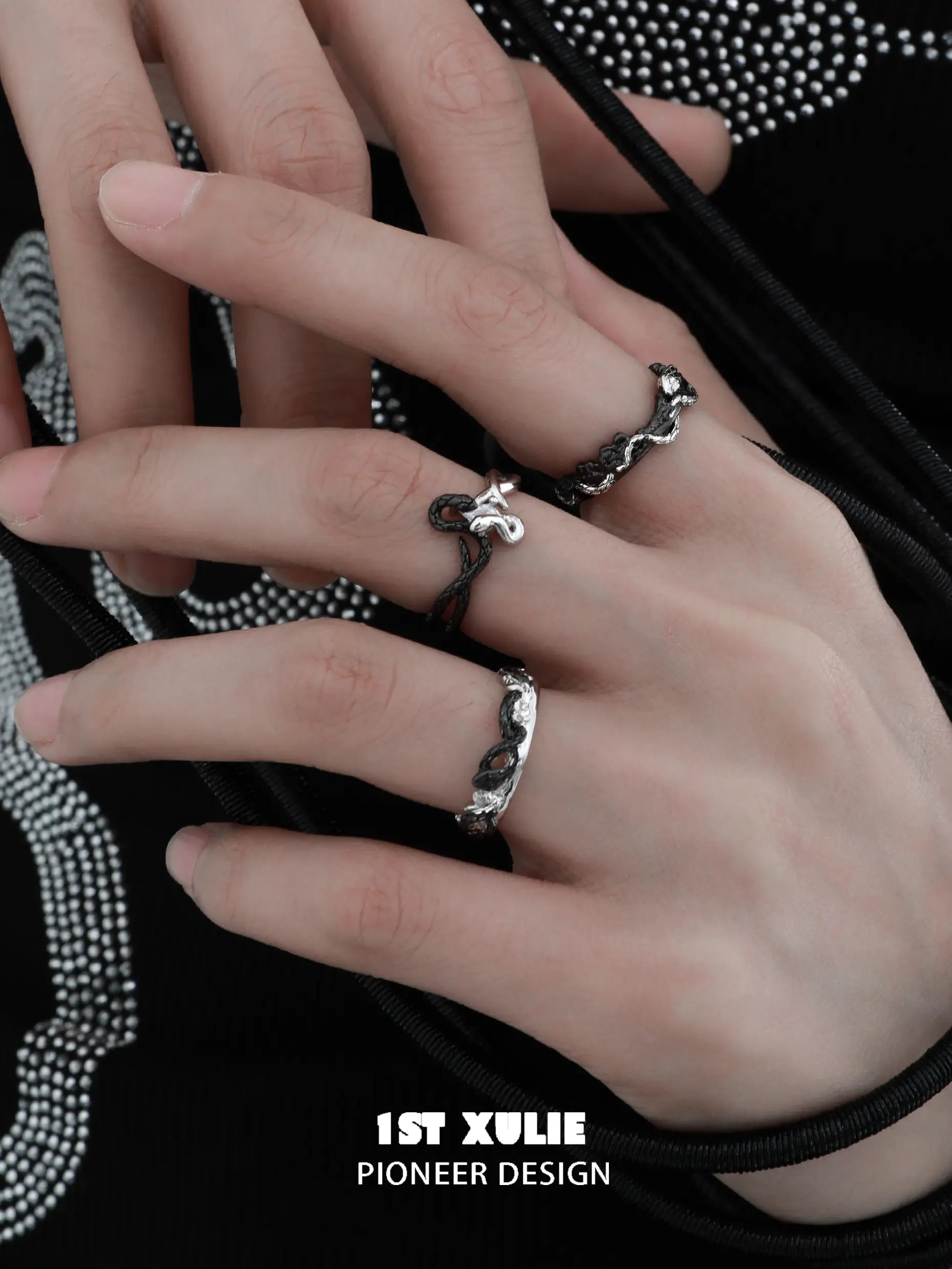 Snake Bite White & Black Serpent 925 Sterling Silver Adjustable Open Ring for Women | Gothic Jewelry, Punk Fashion Accessory, Halloween Costume Jewelry