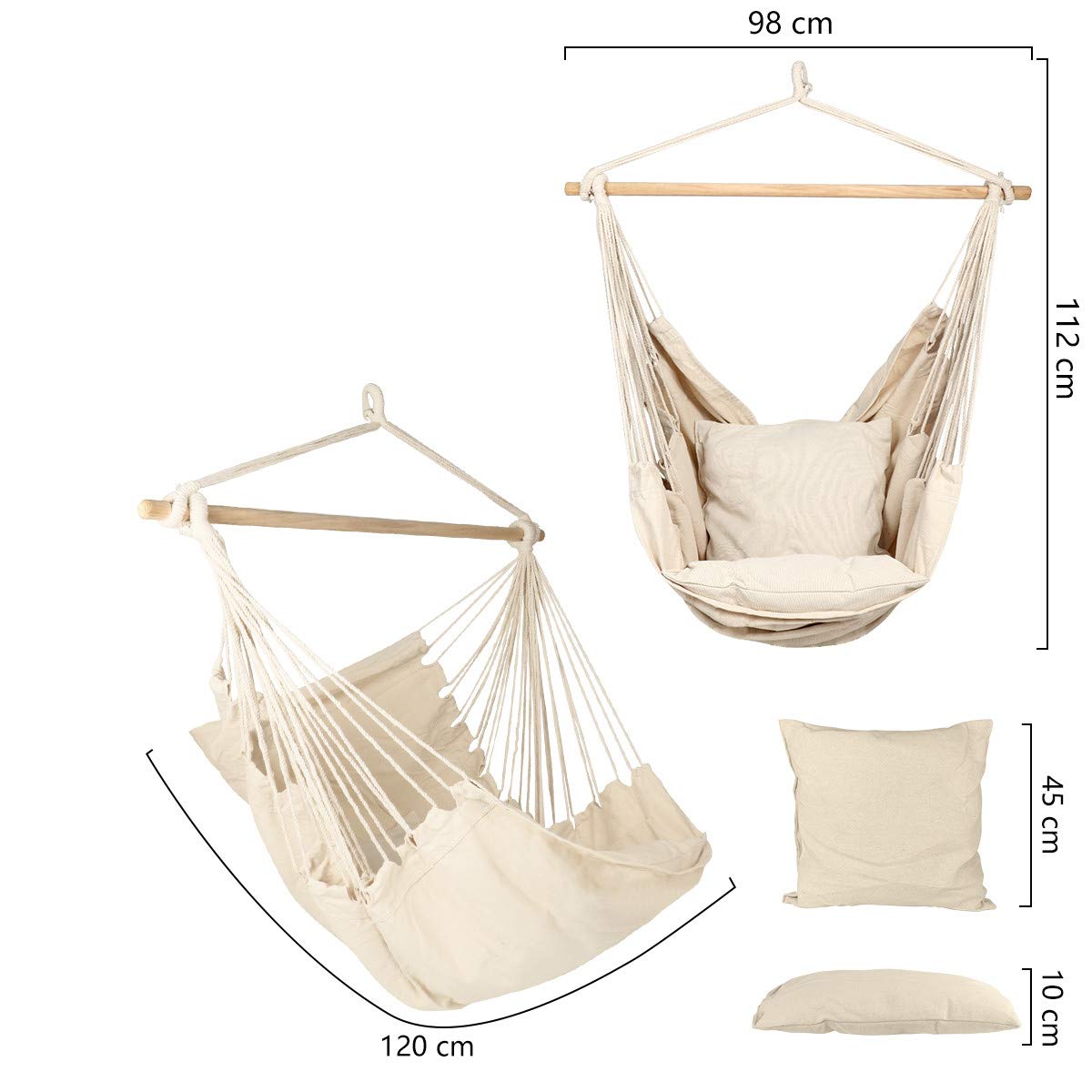 **Cotton Weave Hanging Rope Hammock Chair Swing with 2 Seat Cushions & Carrying Bag – Indoor/Outdoor, Garden, Patio, Porch, Yard – Supports 265 lbs – Perfect for Relaxing, Reading & Lounging**