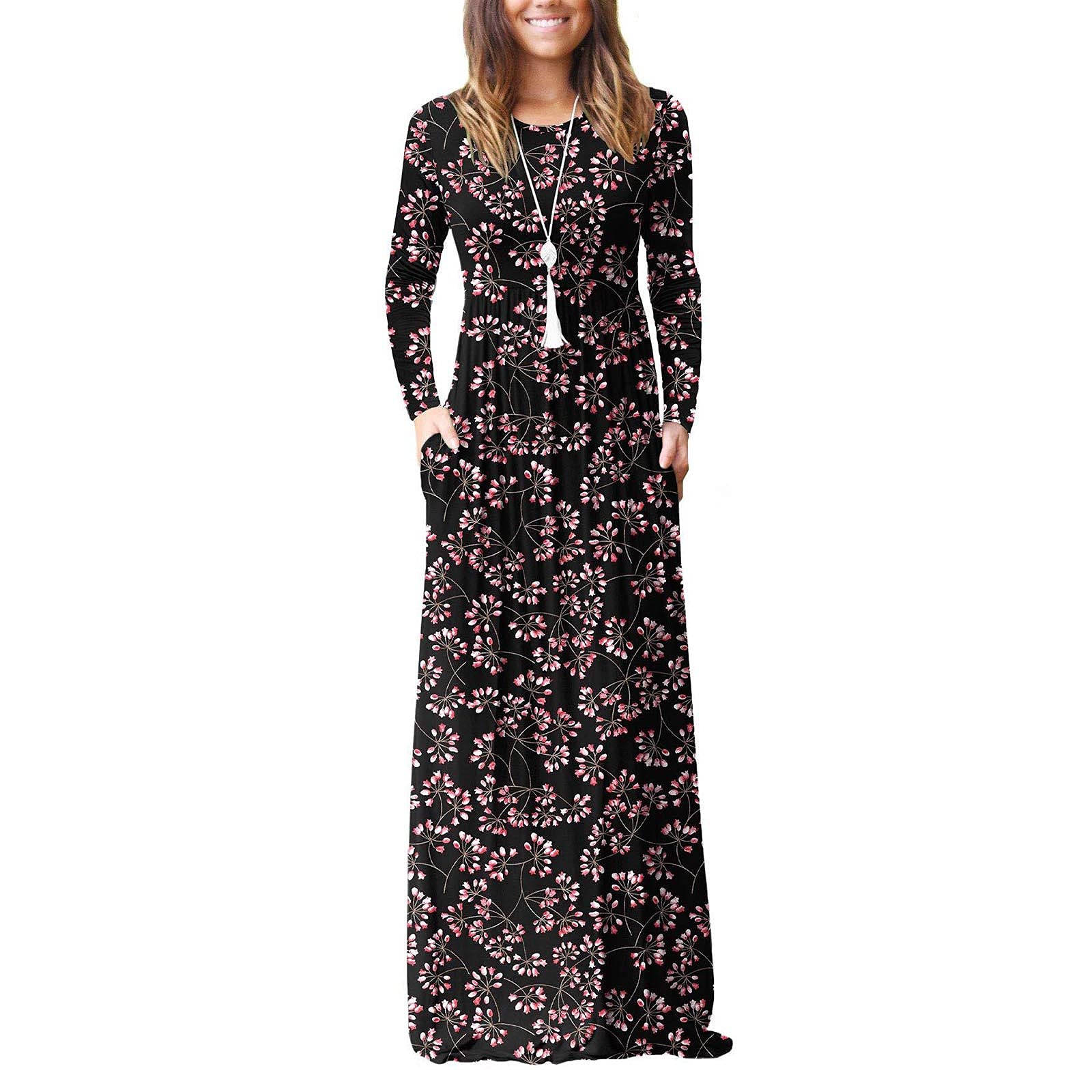 MINEMIN Women's Casual Maxi Dress - Long Sleeve Floral Print Plus Size Loose Dress with Pockets | Fall Fashion, Everyday Wear, Office & Party Outfit