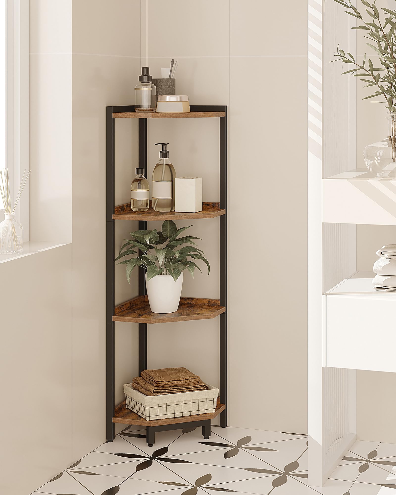 Rustic Brown 4-Tier Corner Shelf Stand - Metal Frame Storage Bookcase for Living Room, Home Office & Bedroom | Space-Saving Plant Stand & Bookshelf Organizer for Small Spaces & Home Decor